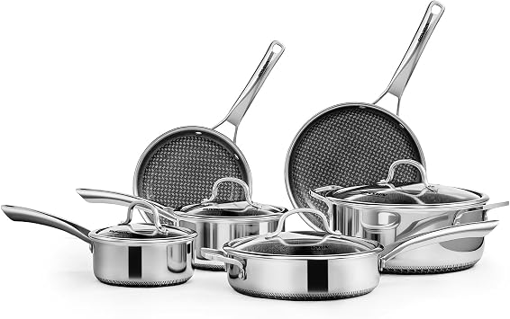 Bonnlo 10Pcs Stainless Steel Frying Pan Set, Non-Stick Frying Pan, Induction Hob Pot Set Non Toxic, Cookware with Lid, Riveted Handle, Free PFOA and PTFE, Dishwash Safe - 16cm 18cm 20cm 25cm