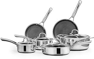 Bonnlo 10Pcs Stainless Steel Frying Pan Set, Non-Stick Frying Pan, Induction Hob Pot Set Non Toxic, Cookware with Lid, Riveted Handle, Free PFOA and PTFE, Dishwash Safe - 16cm 18cm 20cm 25cm