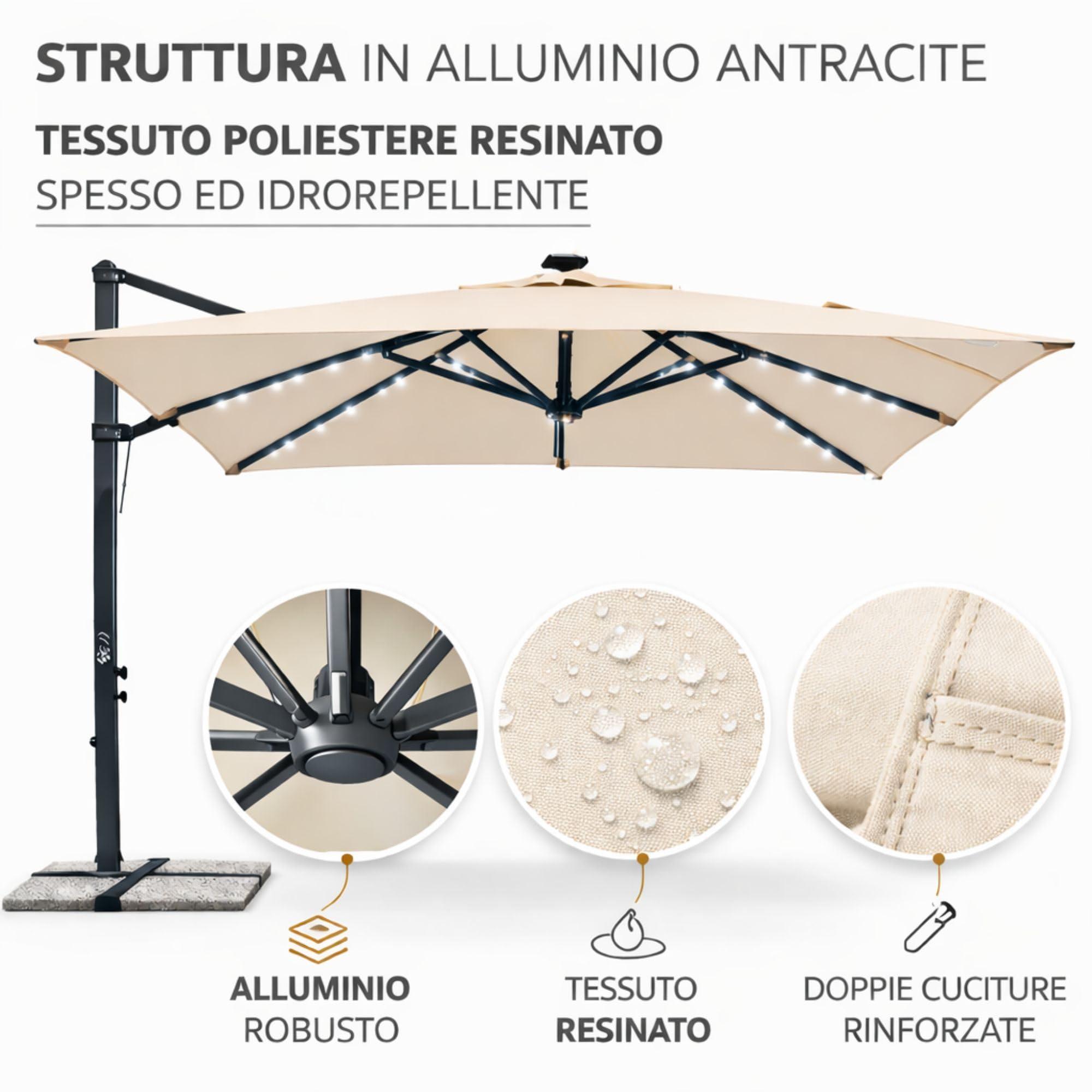 Gruppo Maruccia - Ombrellone da Giardino 3x3 Metri con Luci Led Solari - Palo Laterale in Alluminio - Telo Idrorepellente Resinato Color Ecrù