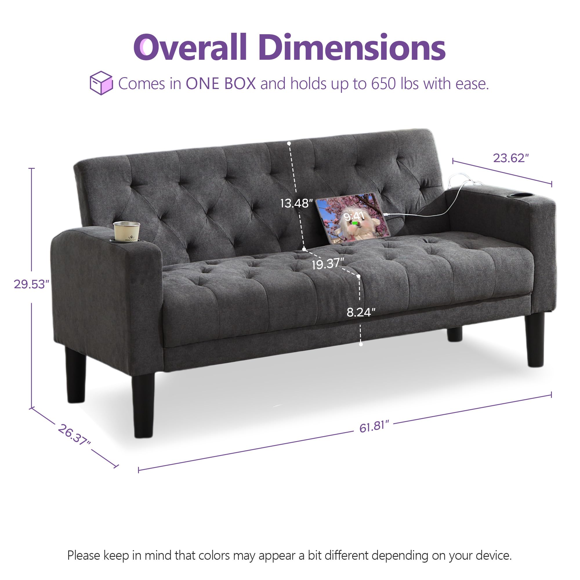 TYBOATLE 62" W Loveseat Sofa w/ 2 USB Charger Ports and 2 Cupholders | Mid-Century Modern Tufted Linen Fabric Small Love Seat Couches for Compact Living Room, Bedroom, Apartment, Dorm