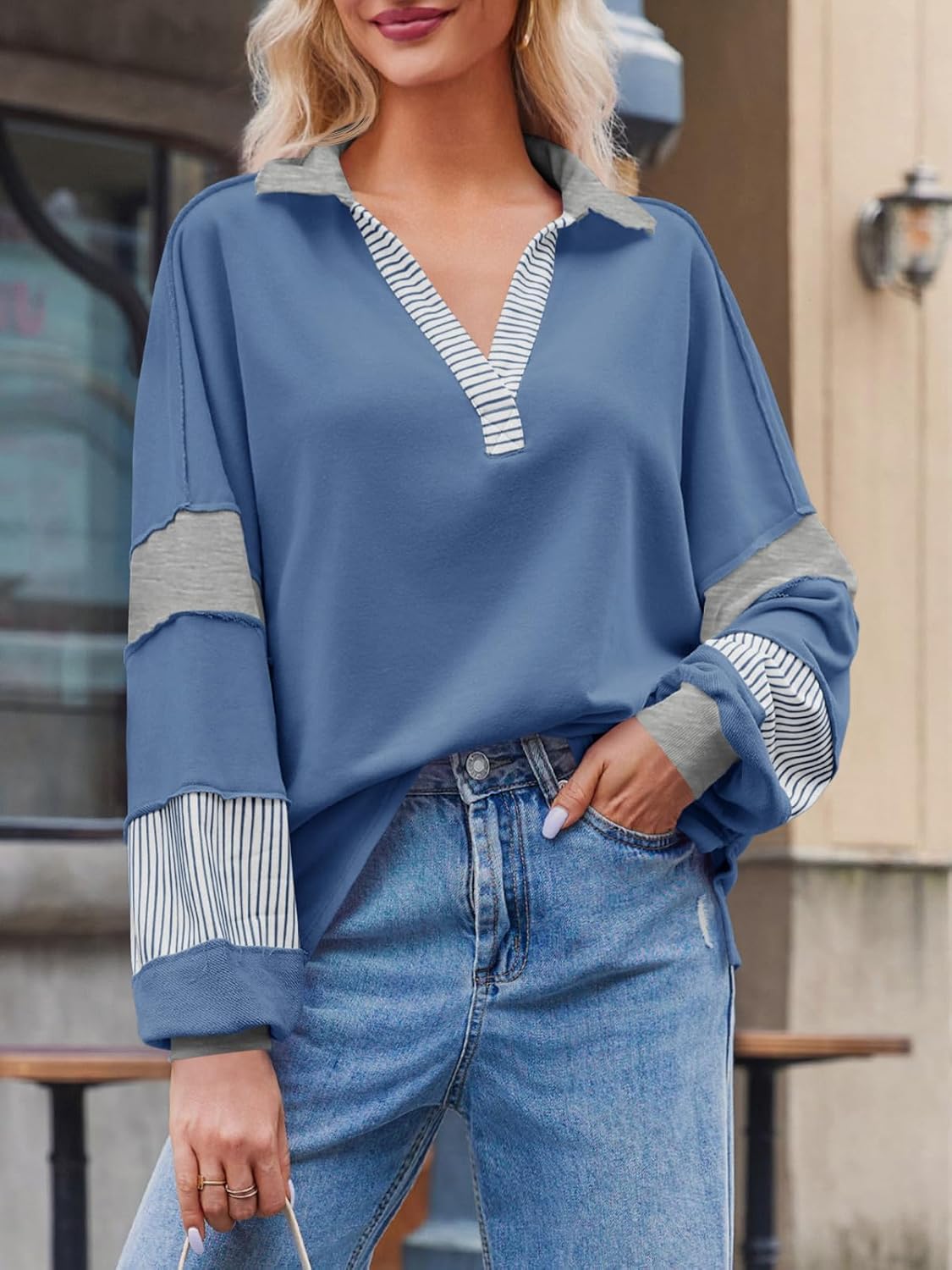 Fisoew Womens Color Block Oversized Sweatshirt Polo V Neck Long Sleeve Shirts Casual Loose Pullover Tops - Image 4