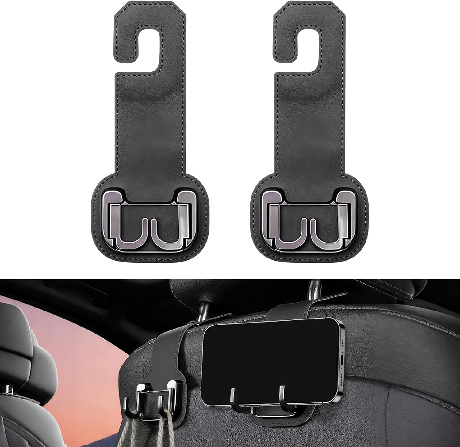 2 Packs Headrest Hooks for Car, Hidden Twinhook Leather & Metal Car Purse Holders, Universal for BMW X5 X3 X1 X7 Accessories, Seat Back Storage Organizer Hanger for Purse Bag Phones(Black)