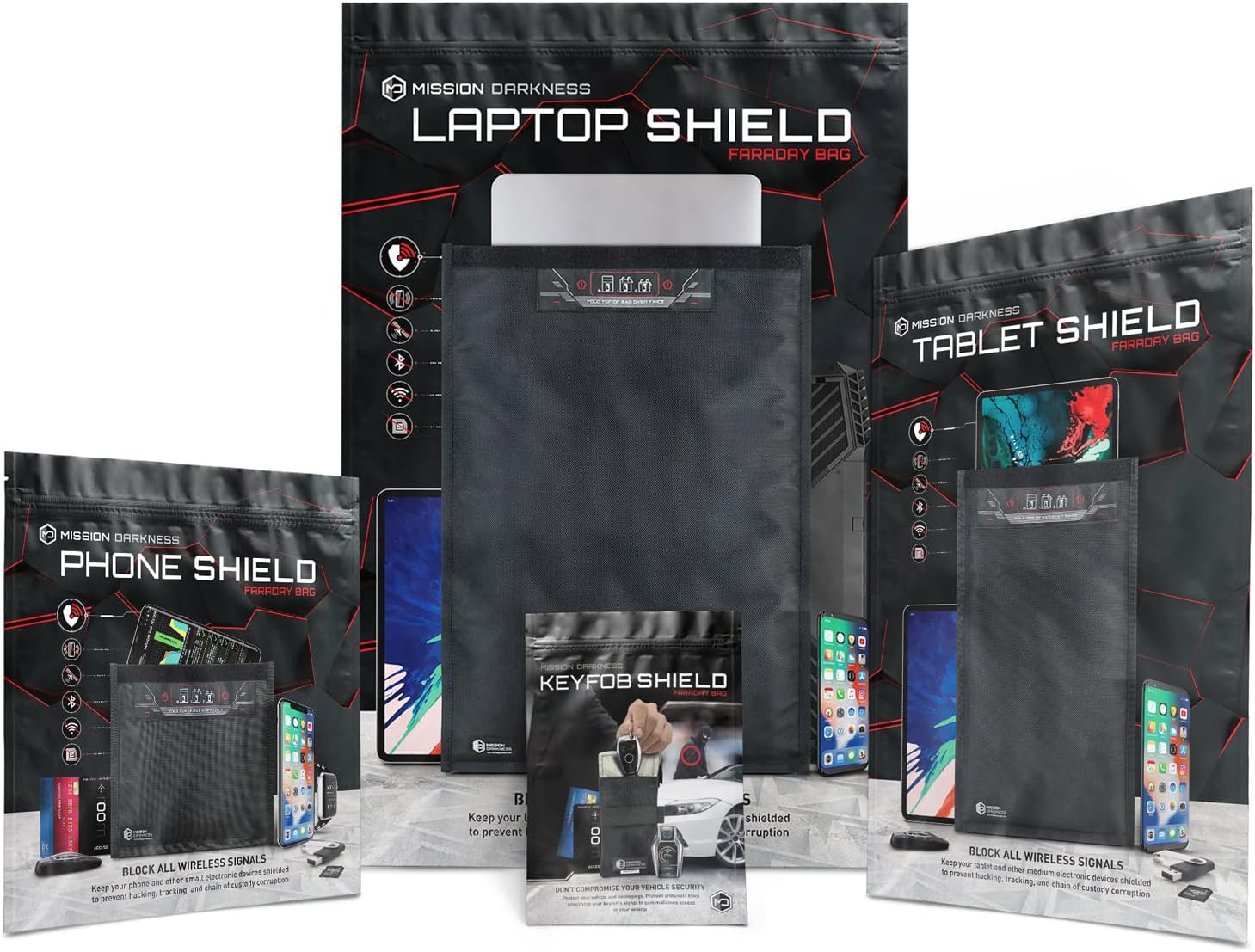 Mission Darkness Non-Window Faraday Bag Collection Includes Keyfob, Phone, Tablet, and Laptop Size Bags. RF Shielding, Signal Isolation, EMF Reduction, EMP Protection, Anti-Tracking Hacking Spying
