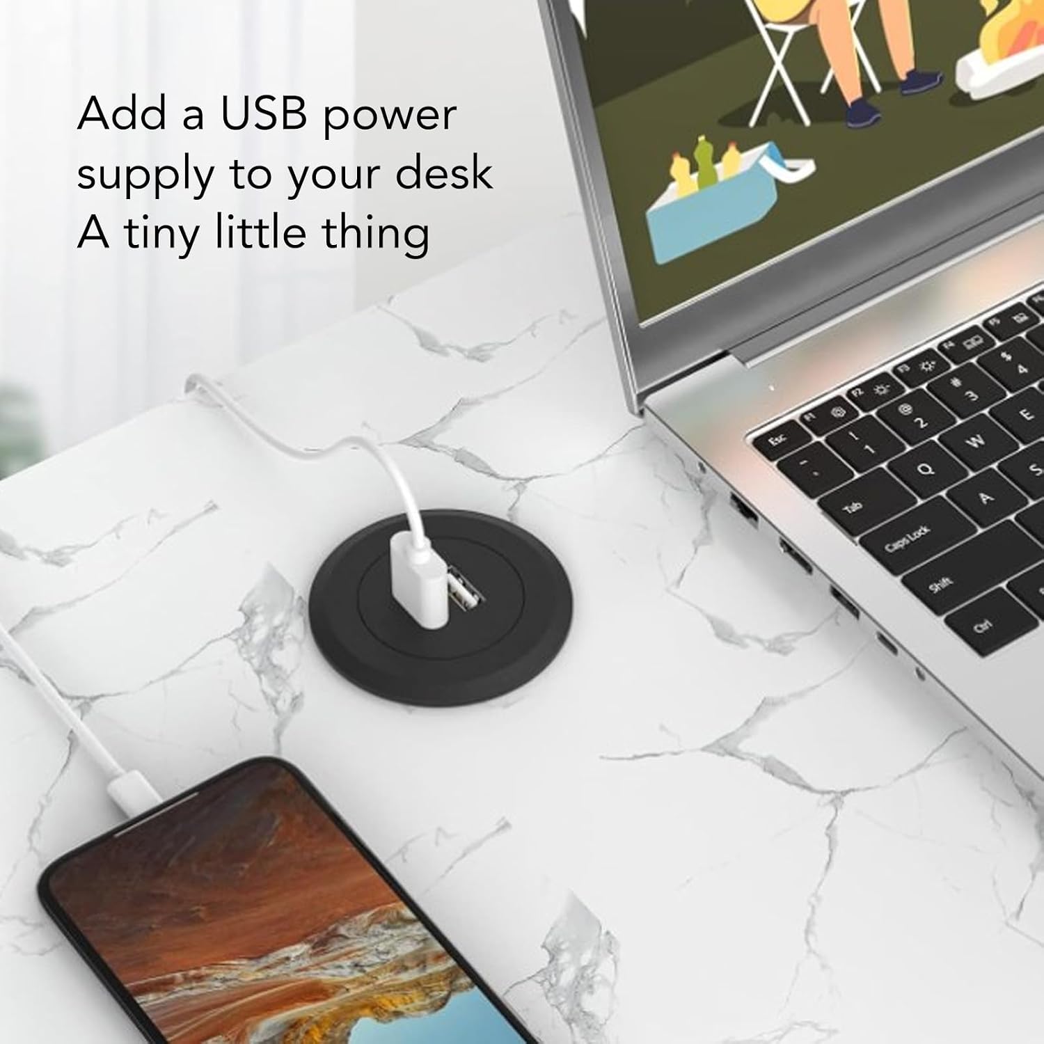 AUNMAS Embedded Charging Port installed on a desk, charging a smartphone and connected to a laptop.