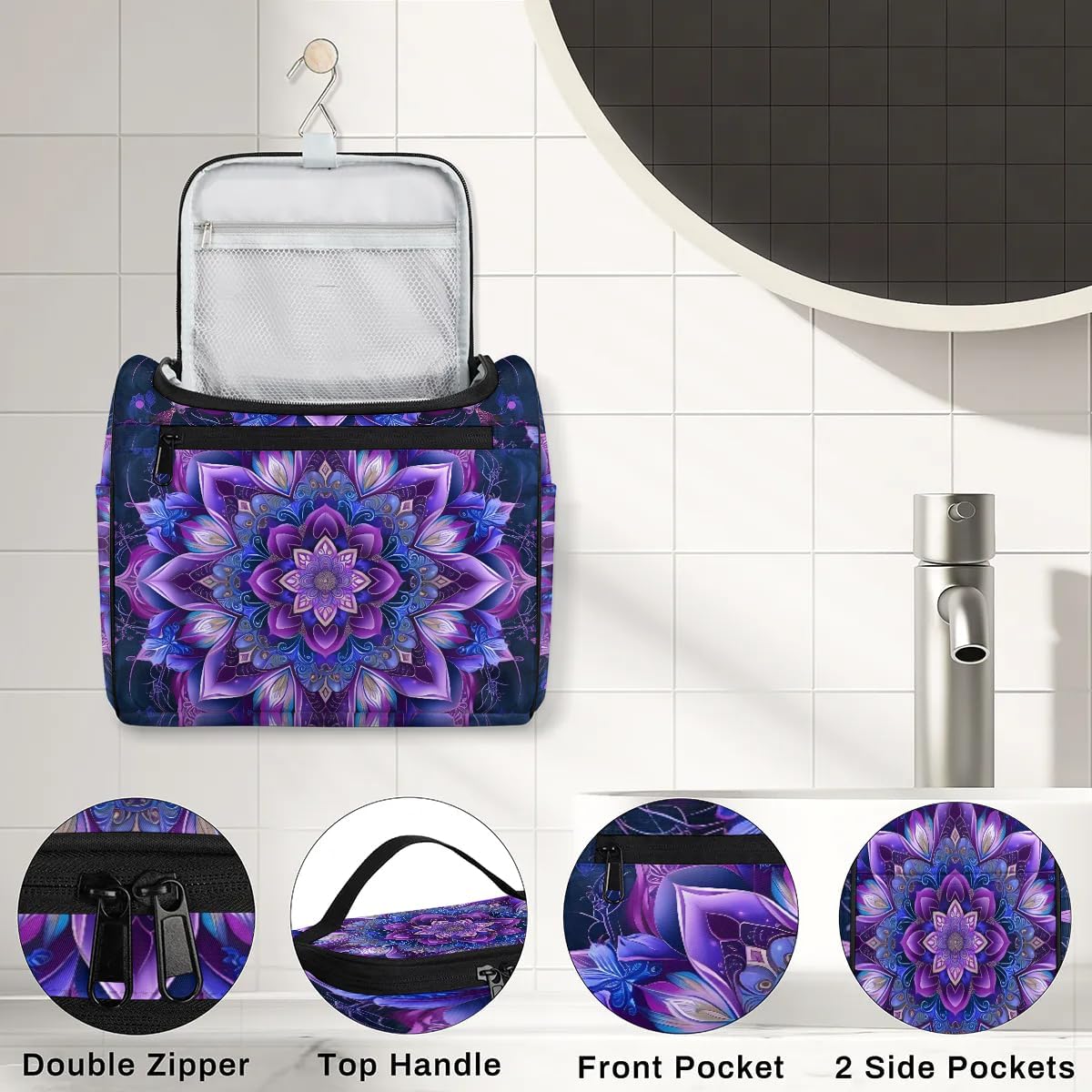 cfpolar Purple Ethnic Mandala Toiletry Bag for Women, Hanging Travel Toiletry Bag, Water-resistant Cosmetic Makeup Organizer for Toiletries and Cosmetics, Bathroom Shower Bag with Handle and Hook