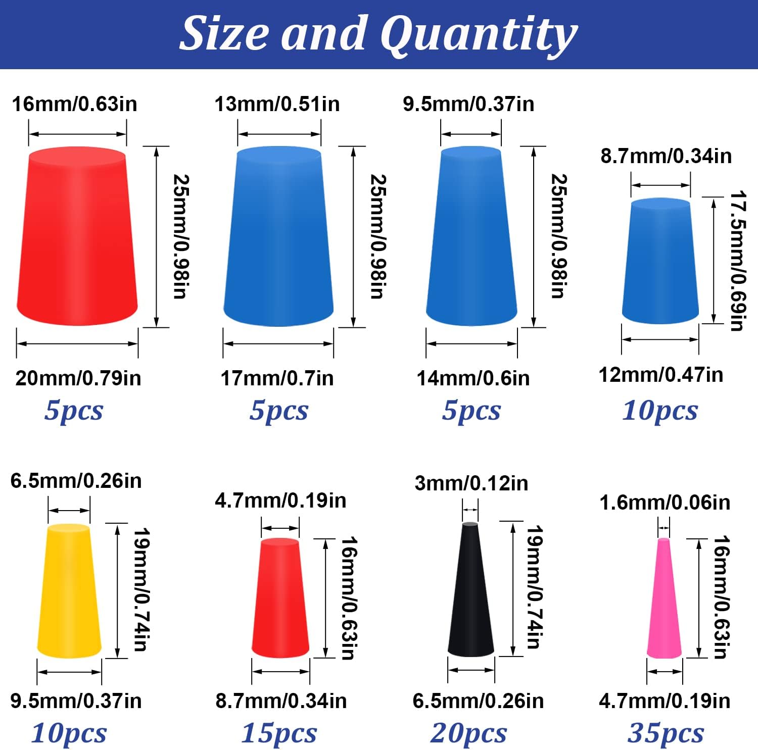 Tnisesm 105Pcs 1/16" to 5/8" Silicone Rubber Tapered Plug Assortment Kits for Masking Off Holes During Powder Coating, Painting, Hydro Dipping, Media Blasting