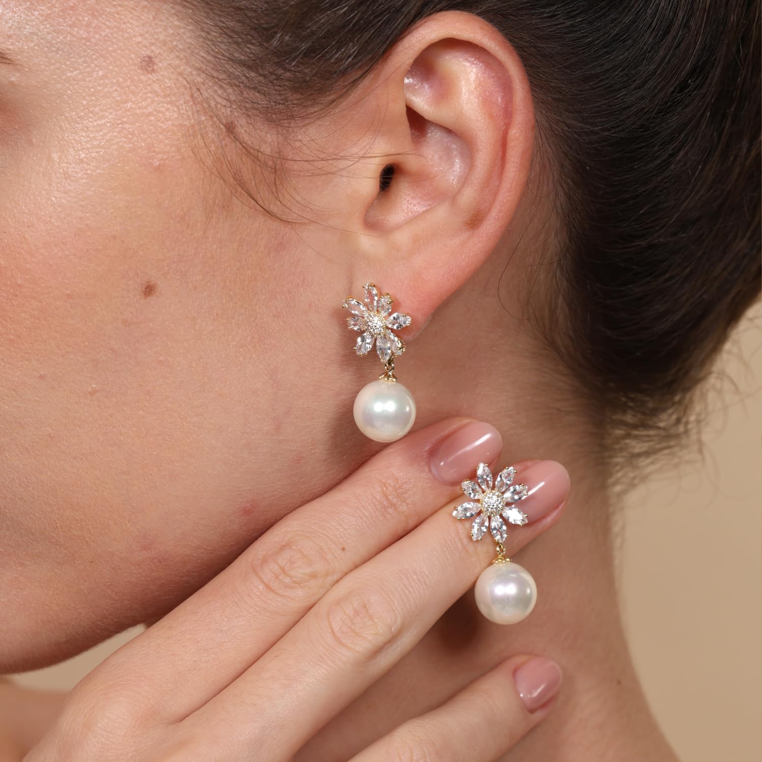 14K Gold Plated Cubic Zirconia Stud Earrings for Women, Freshwater Pearl Drop Pendant with Round & Leaf Shape Design, 4 Styles Available, Hypoallergenic S925 Silver Posts – Perfect for Spring, Everyday Wear & Special Occasions