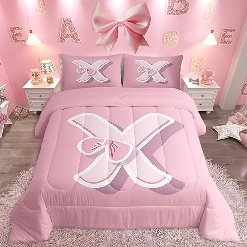 jejeloiu Pink Bow Bedding Set, Full Size, Personalized Teen Girl Gifts Initial L