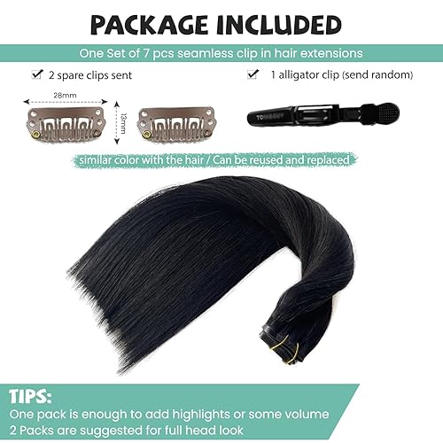 Miniatura 7 de Extensiones de cabello humano con clip, sin costuras, extensiones de cabello humano real color negro natural, 7 unidades, 3.53 oz, 18 pulgadas,