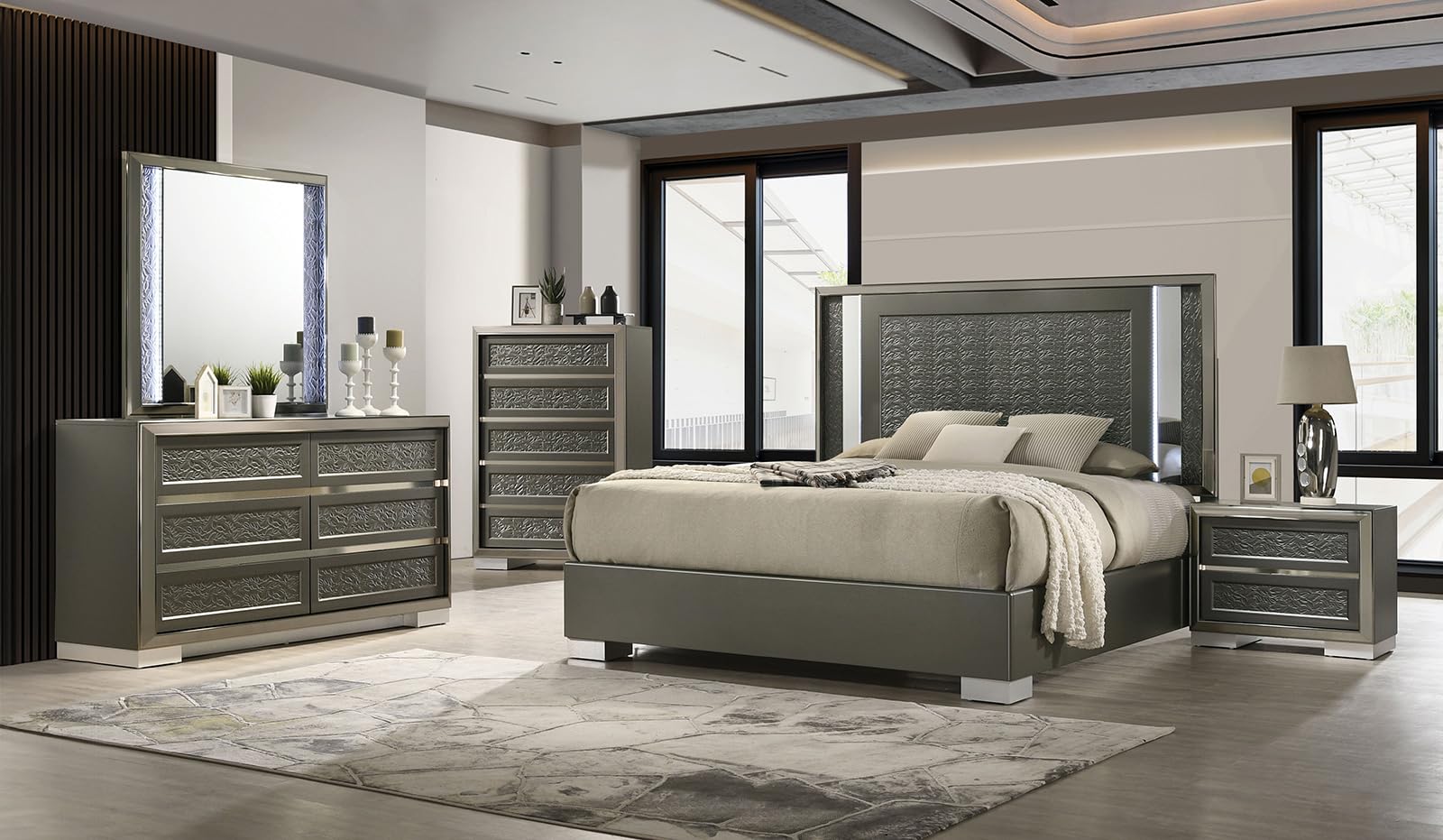 4pc Eastern King Bed Set LED Light Headboard Felt Lined Leaf Molding Bracket Feet Dark Gray Finish Bedroom Furniture