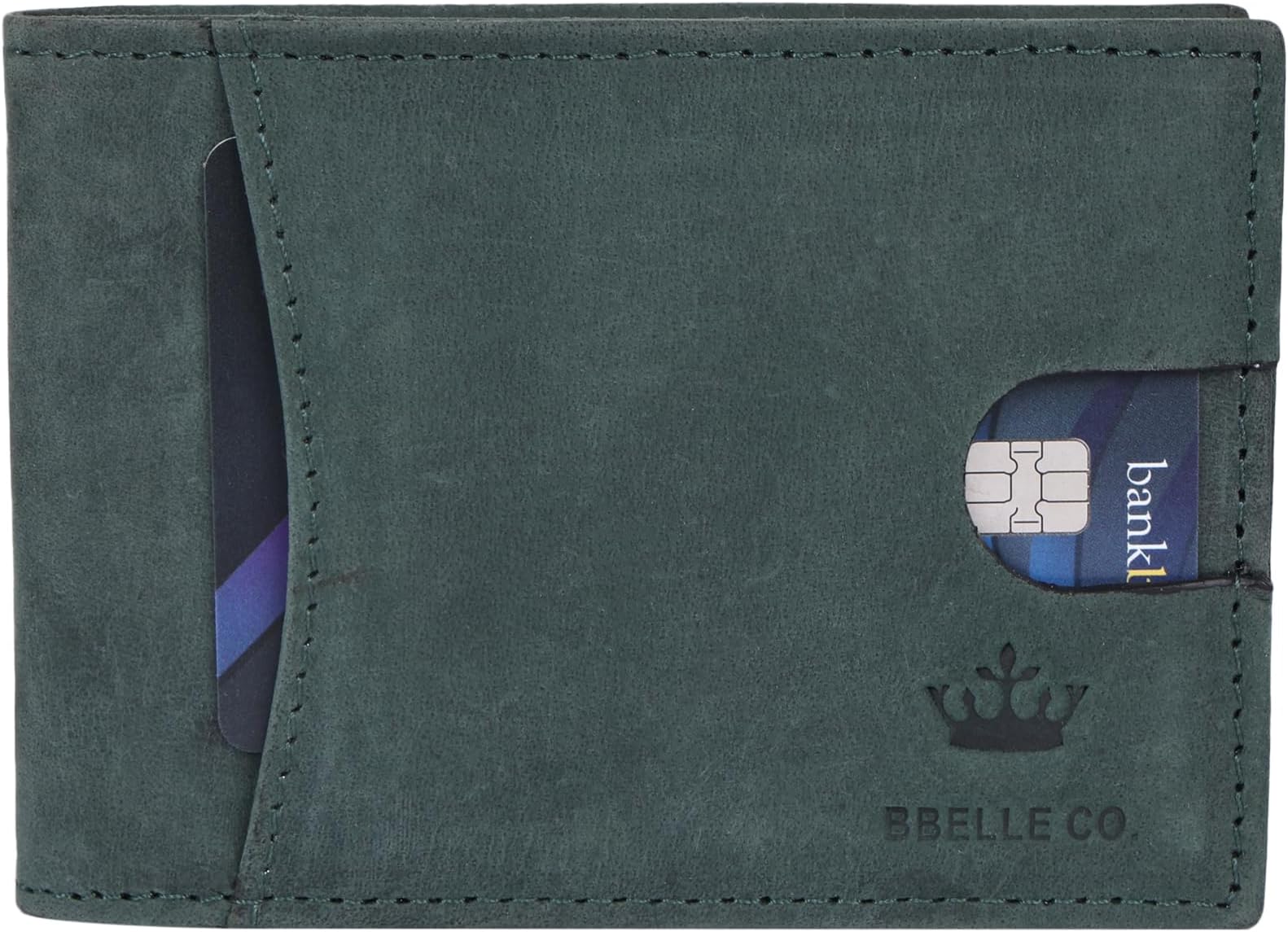 BBELLE CO.RFID Blocking Slim Bifold Genuine Leather Minimalist Front Pocket Wallets for Men card puller (Green)