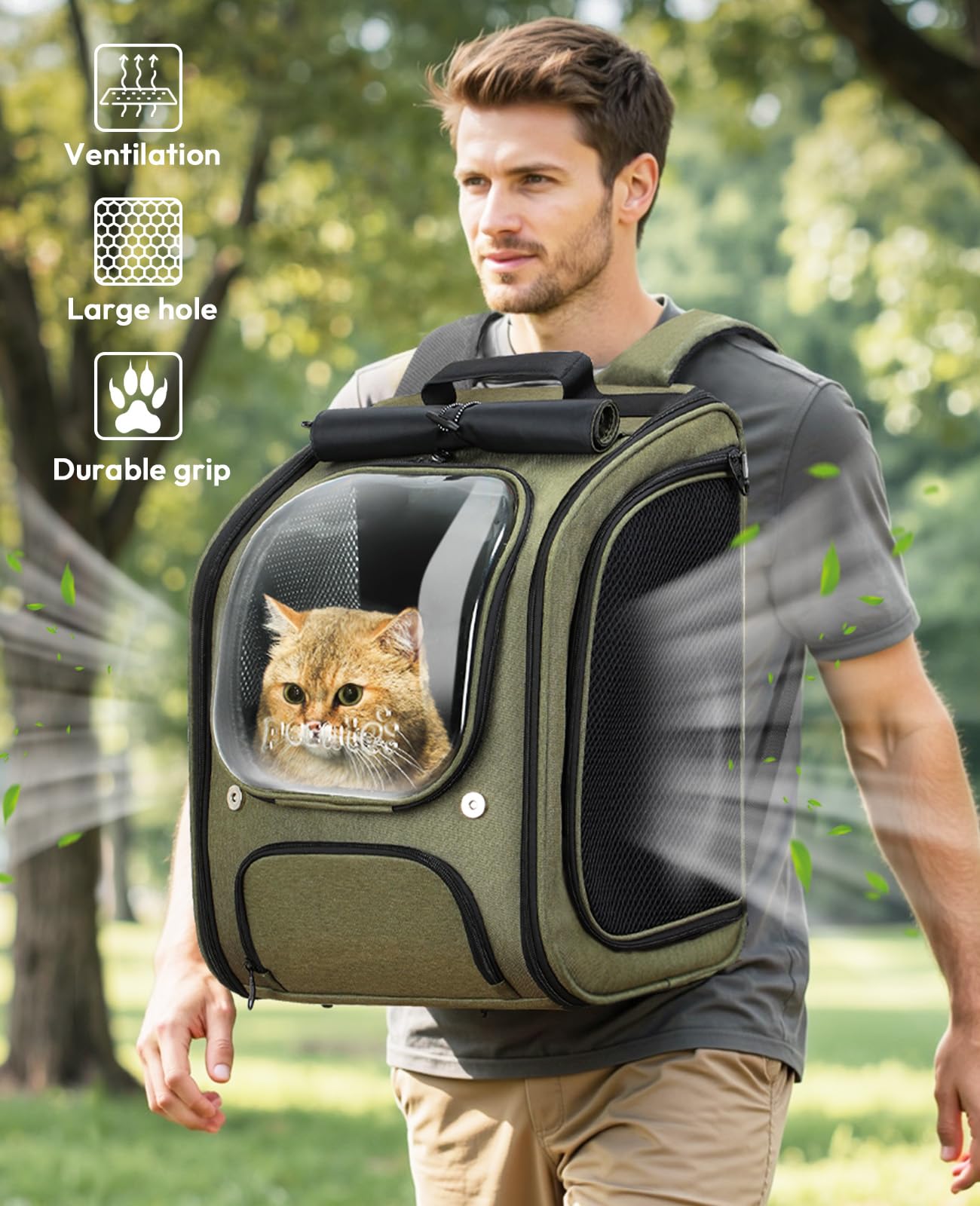 Pecute Zaino Trasportino per Gatti a Bolla - Ampio spazio stabile, parasole traspirante, ideale per viaggiare, fare escursioni, fare visitare cliniche veterinarie con il tuo animale domestico, Verde