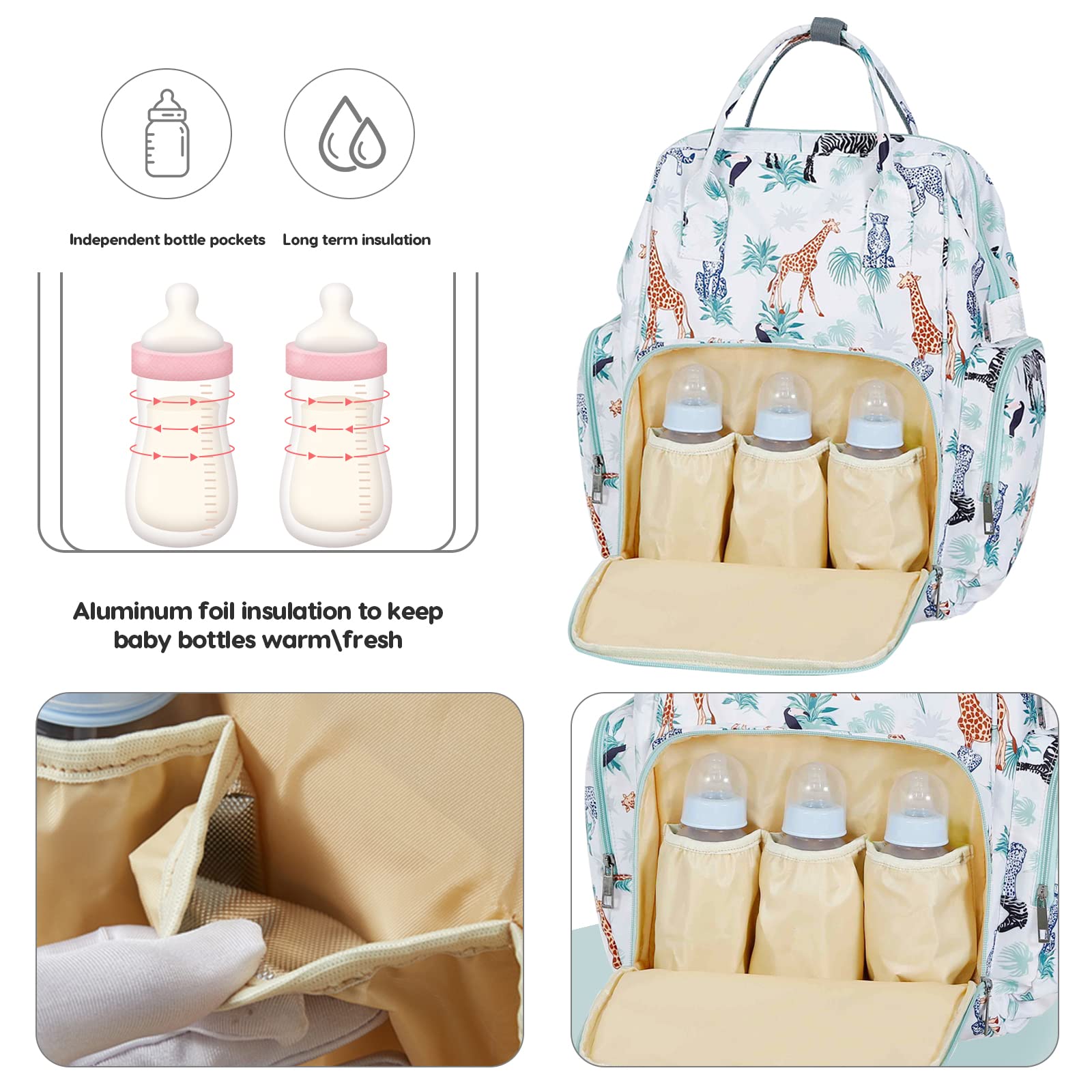 SONARIN Multifunzionale Impermeabile Zaino Fasciatoio,Grande Capacità Borsa per Pannolini Zaino Mamma Neonato Viaggio Borsa Fasciatoio con Fasciatoio & Ganci per Passeggino(Fiori)