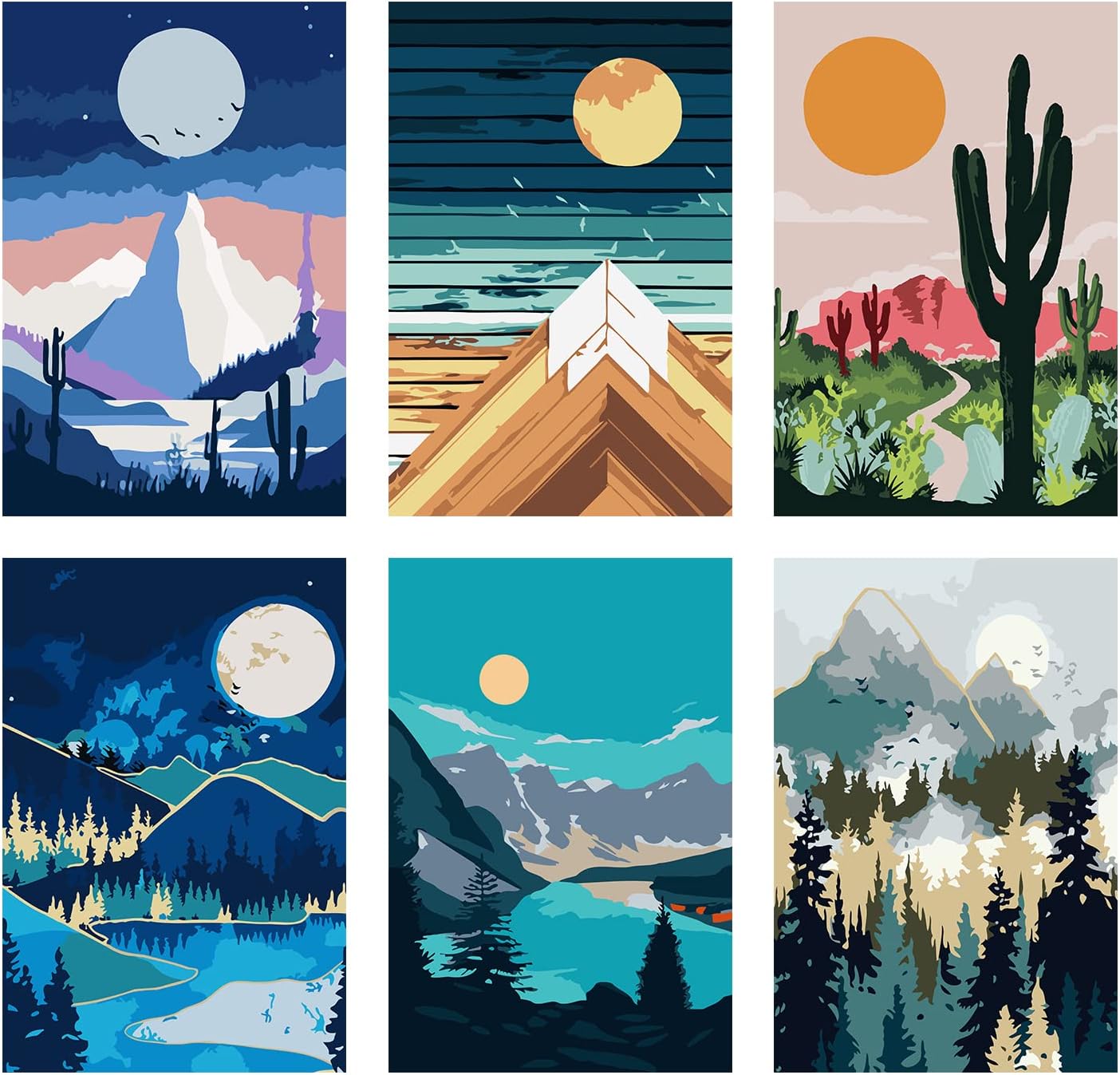 LWZAYS Landscape Mountain Paint by Numbers for Adults Beginner, Without Frame Drawing Paintwork with Paintbrushes, Oil Painting Canvas (6 Pack 8x12 in)