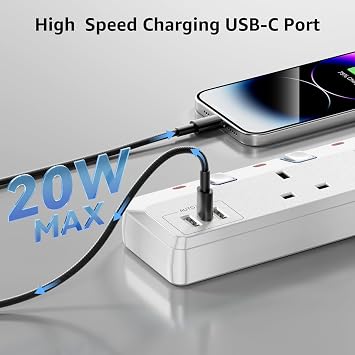 Extension Lead with USB Slots, Plug Extension Socket with Individual Switches, 4 Way Extension Lead with with 1 PD20W USB C and 2 USB A, 1.5M Power Cord with 13A Fused Protection for Home