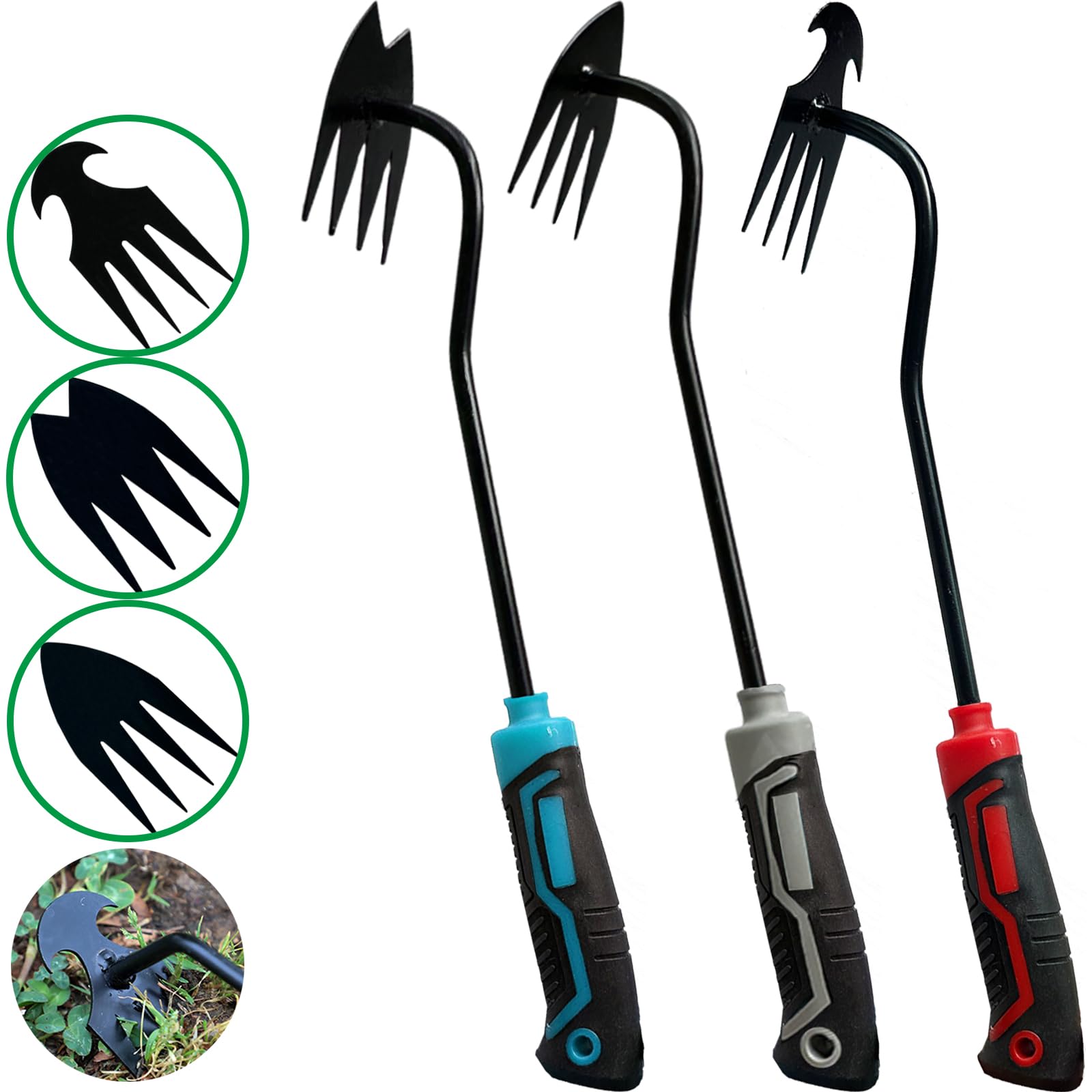 YDKOJGW 3 herramientas de eliminación de malezas, herramienta de extracción de malas hierbas de jardín con mango de goma, 4 dientes, herramienta manual de doble propósito para extraer malezas para