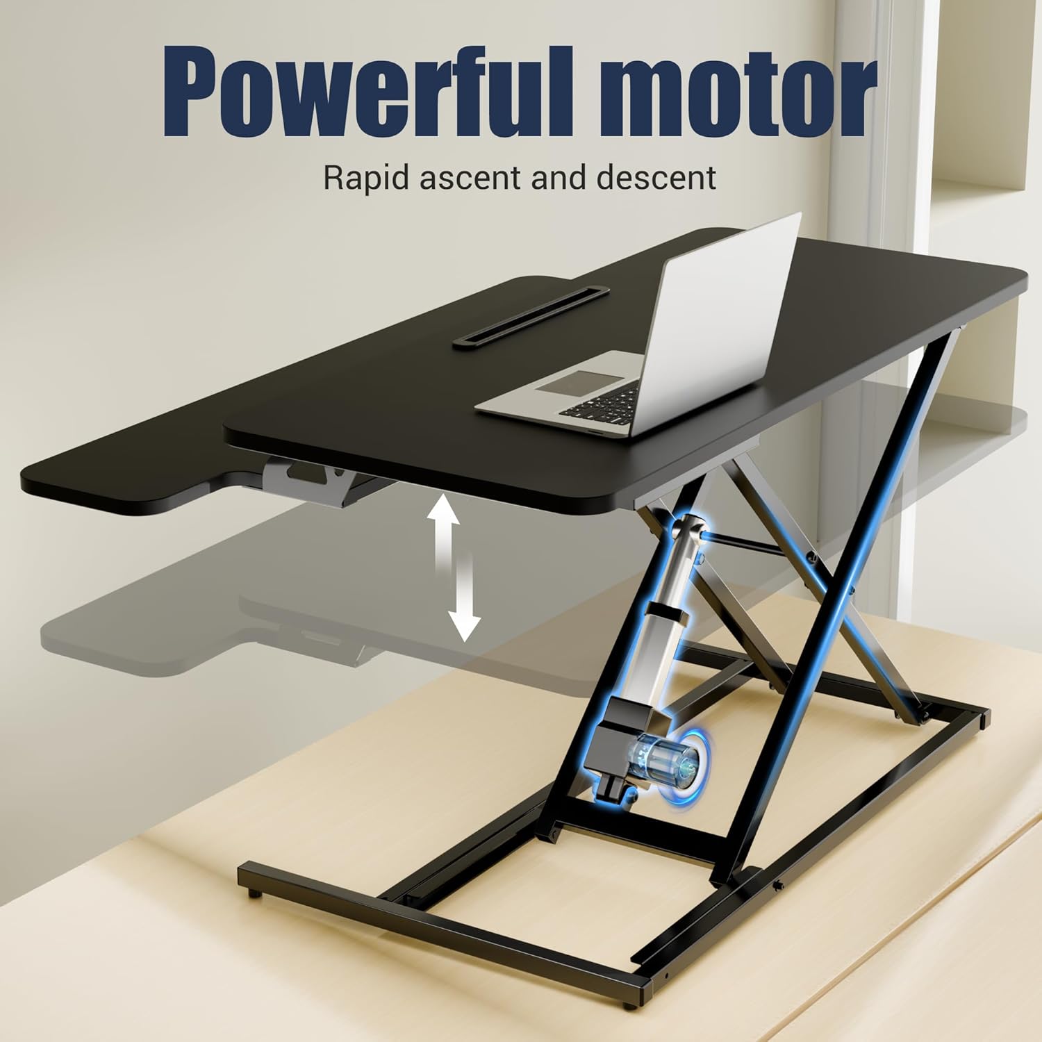 Close-up image highlighting the powerful electric motor mechanism of the standing desk converter, with arrows indicating rapid ascent and descent.