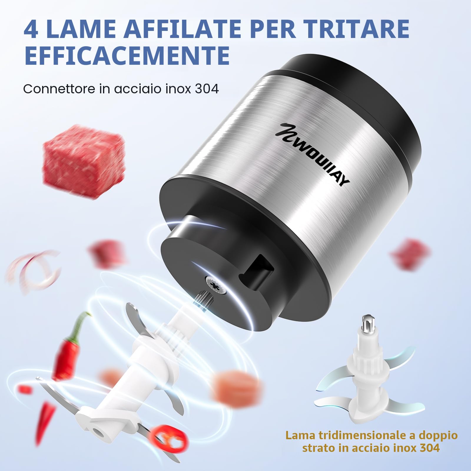 Tritatutto da Cucina Elettrico 300W, Frullatore Tritatutto Multifunzionale 2L e 2 Velocità, Tritatutto Elettrico con 4 Lame Ciotola in Acciaio, Robot da Cucina per Carne Verdura e Frutta