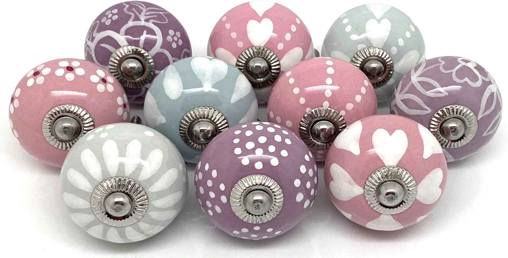 Set of 10 Pink Lilac & Grey Ceramic Door Knobs by These Please FP81