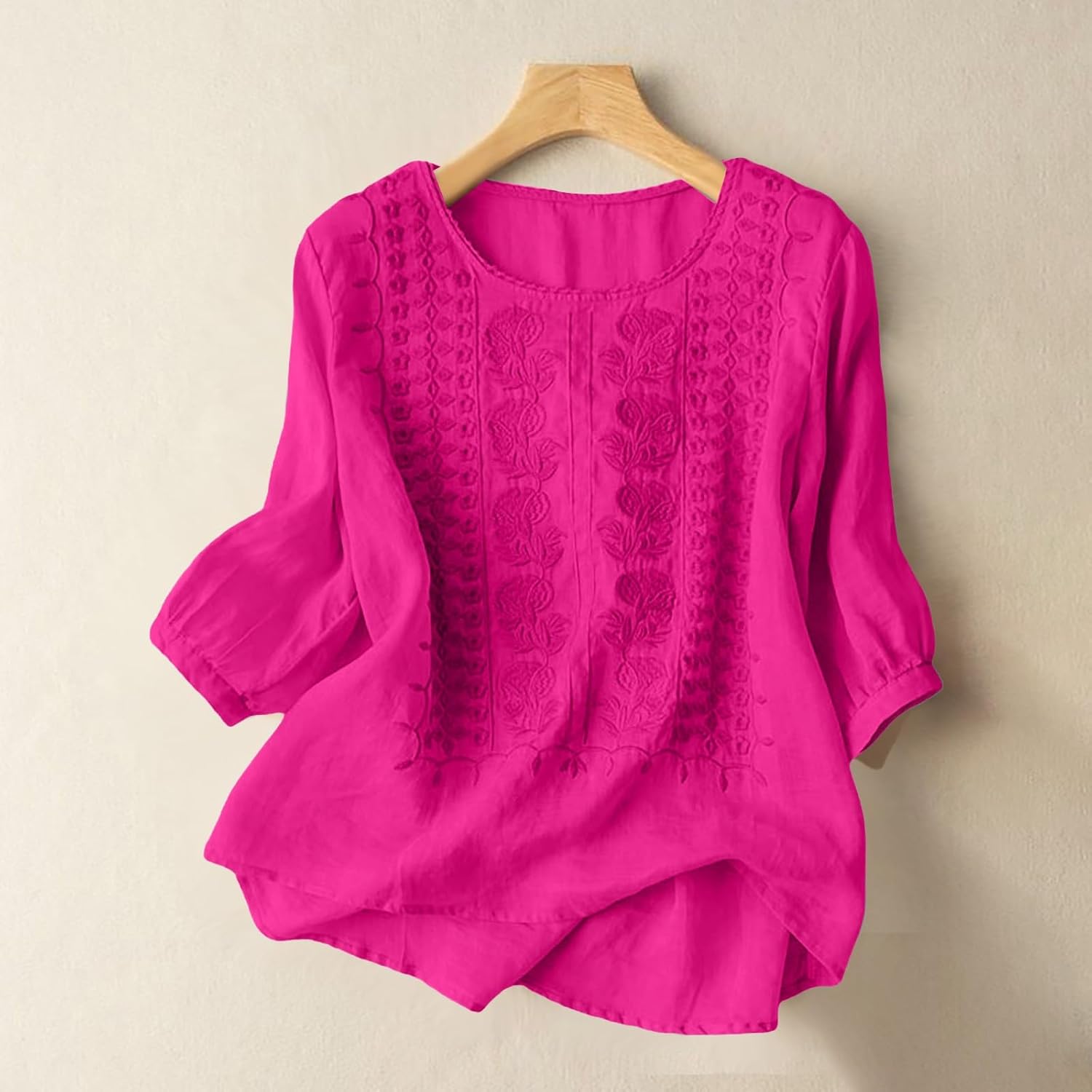 Cotton Linen Shirts for Women Trendy Retro Embroidered 3/4 Sleeve Boho Blouse Dressy Casual Bohemian Tops Loose Tunics - Image 3