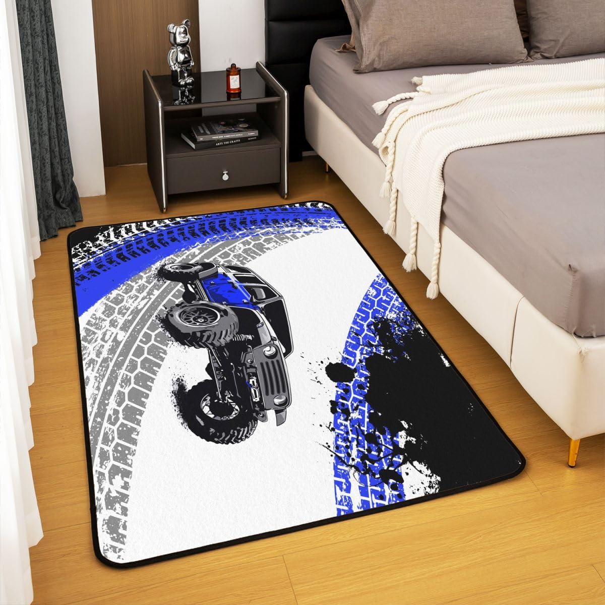 Feelyou Car Area Rug 5x7 Kids Offroad Vehicle Wheel Print Living Room Rugs for Bedroom Boys Girls Teens Truck Decorative Carpet Rug Racing Car Indoor Floor Mat Blue Black Accent Rug