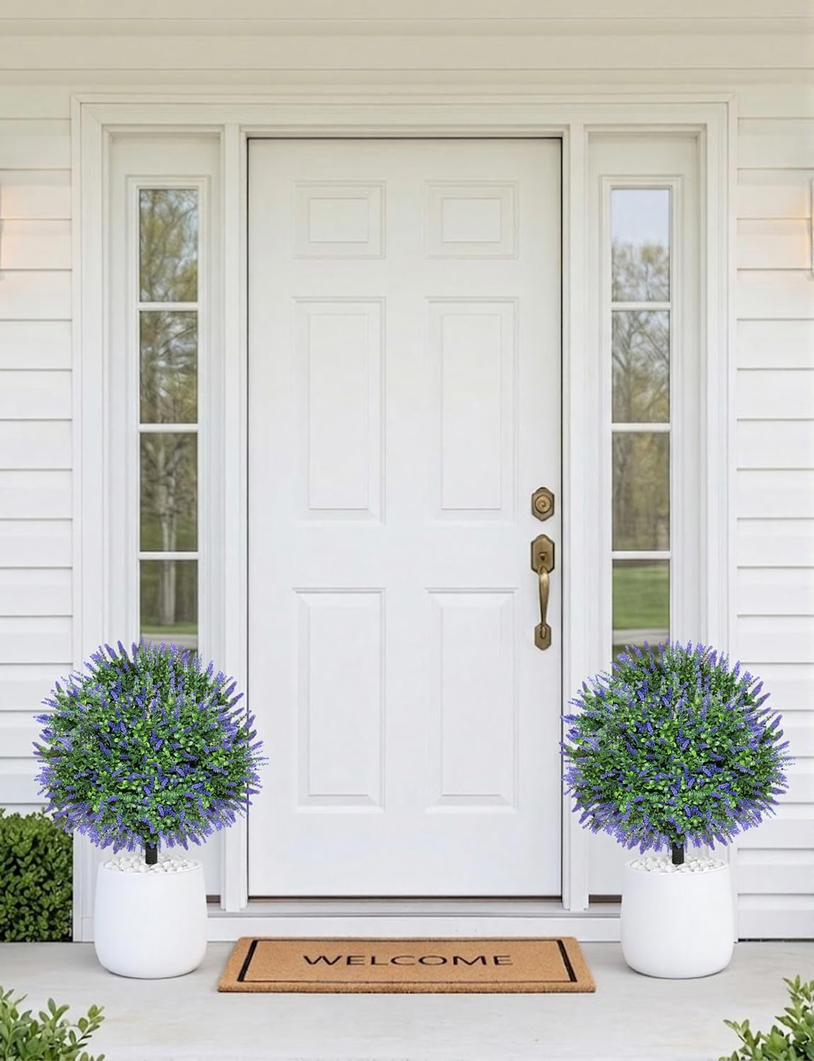 27.5" Artificial Lavender Boxwood Topiary Ball Trees for Outdoor with Round Spike, Set of 2 UV Resistant Fake Bushes Outdoor Shrubs for Front Porch Planters, Weatherproof Faux Greenery Plants Decor