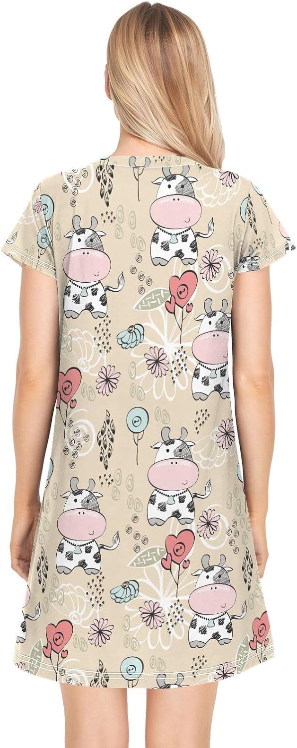 vvfelixl Women's Nightgown Sleepwear Cows Flowers Short Sleeves Pajama Sleepdress Nightgowns & Sleepshirts for Women XL - Image 4
