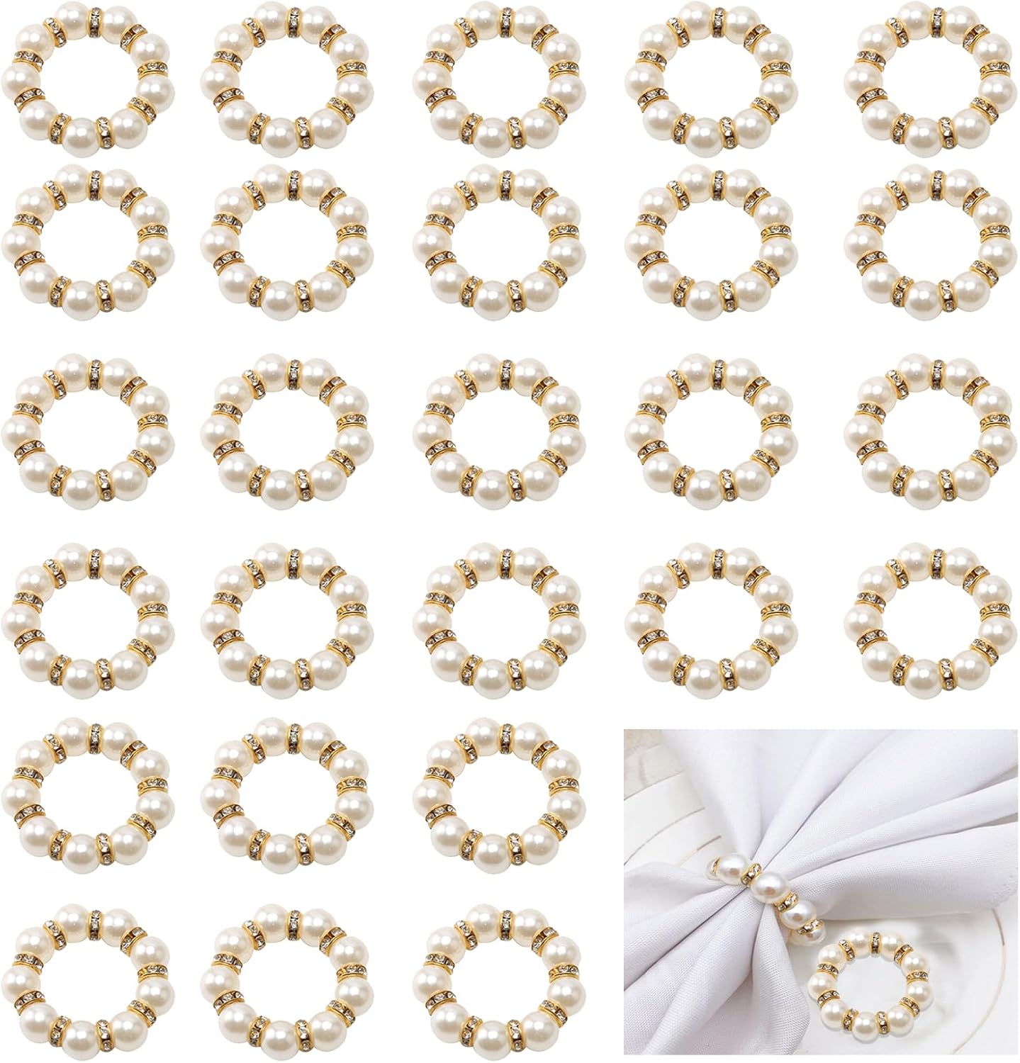 NCONCO 100pcs Pearl Napkin Rings, Imitation Pearl Beaded Napkin Rings Elegant Rhinestone Serviette Rings Buckle Dining Table Decor for Formal Wedding Home Dinner Party