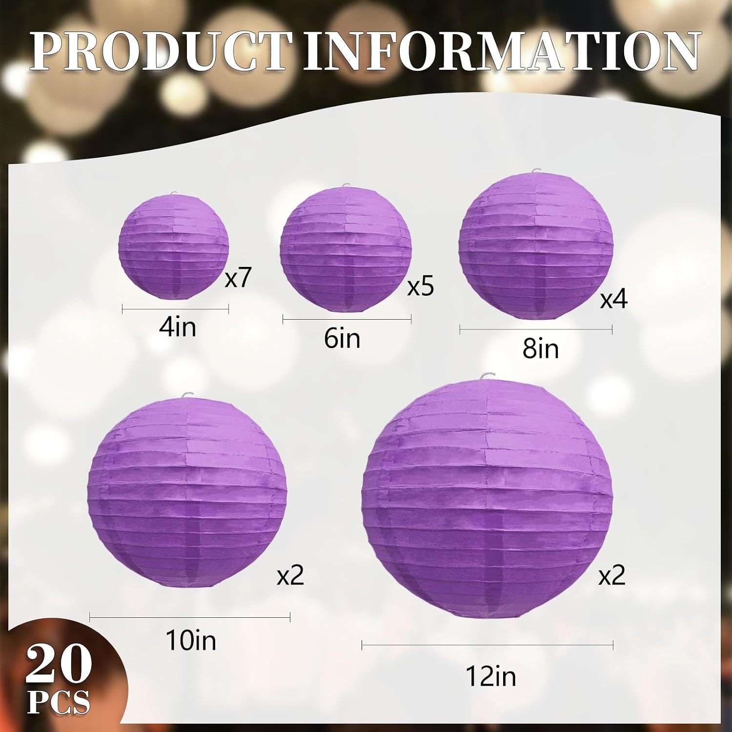 20Pcs Purple Paper Lanterns for Parties, 6” 8” 10” 12” Chinese Asian Hanging Round Paper Lanterns for Birthday Wedding Halloween Christmas Home Decor Party Decor