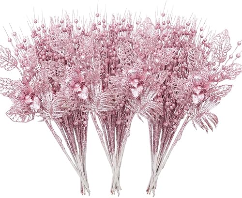 Vista 19 de ROSELEAF 28 Pack Christmas Tree Ornaments, Artificial Glitter Berry and Flowers Stem Silver Branches Picks for Xmas Tree Decoration Gift Small Vase