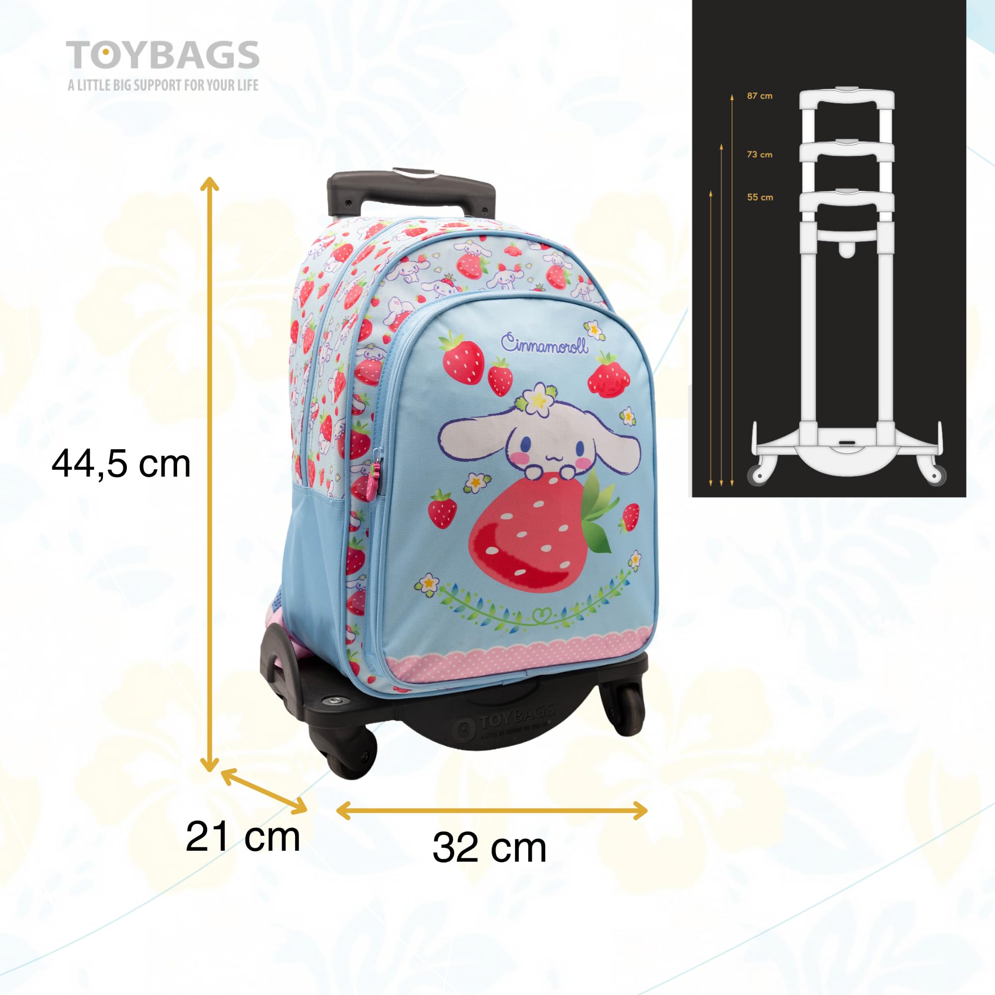 TOYBAGS Mochila Escolar Cinnamoroll -DOBLE COMPARTIMENTO-Compartimento portalaptop + CARRO NEGRO PROTECCION LATERAL Y STOPER FRONTAL 4 ruedas giratorias - 44 X 30 X 20 CM