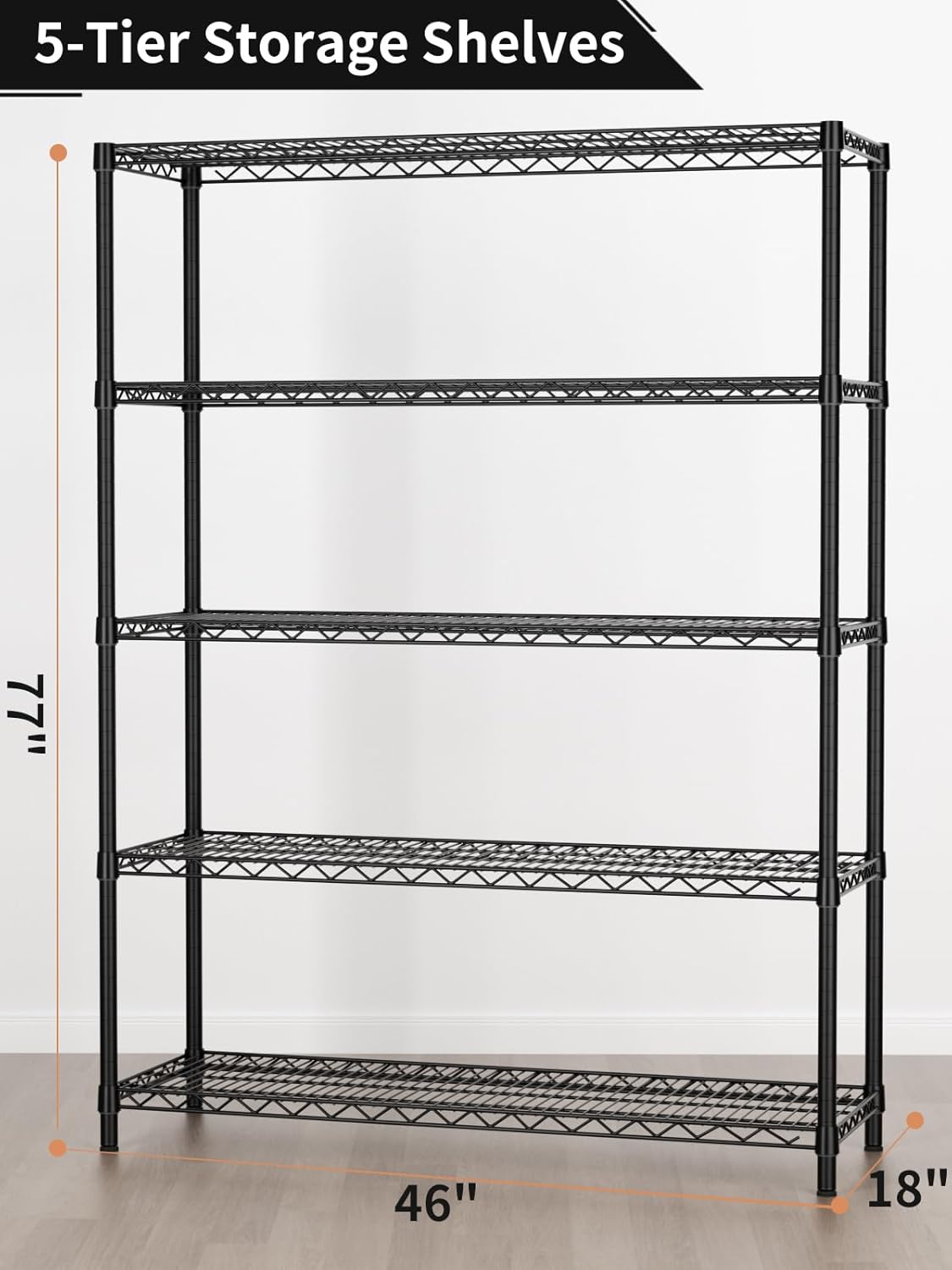 5 Tier Adjustable Storage Shelves Heavy Duty Metal Utility Shelf 1750LBS Capacity Wire Shelving Unit Organizer Rack for Home Kitchen Garage Pantry Room 18" D x 46" W x 77" H Black - Image 3