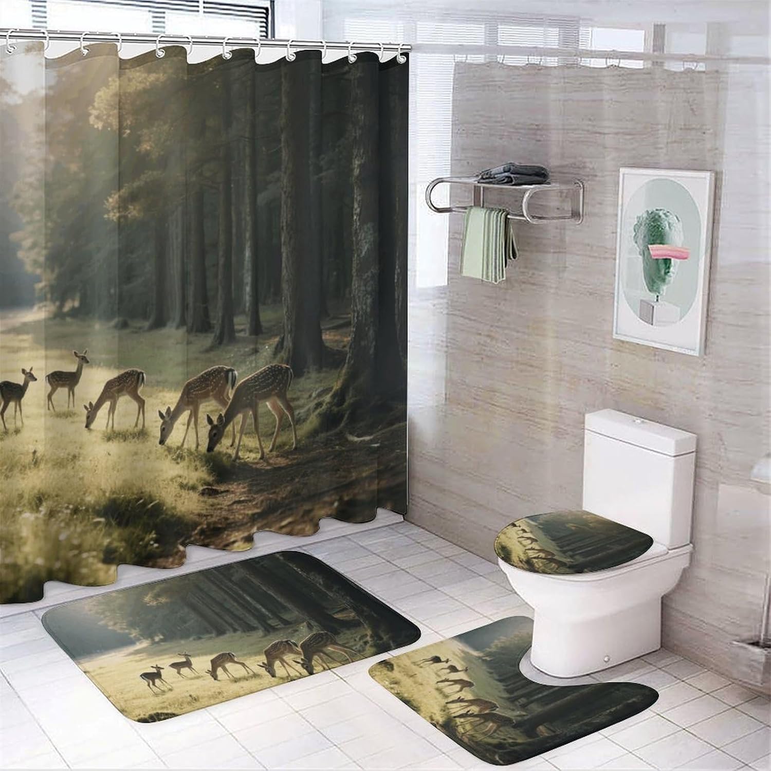 Deer Shower Curtain Set 4 Piece, Non-Slip Bath Mat with Toilet Lid Cover and Waterproof Shower Curtain with 12 Hooks, Complete Bathroom Set for Home Decor