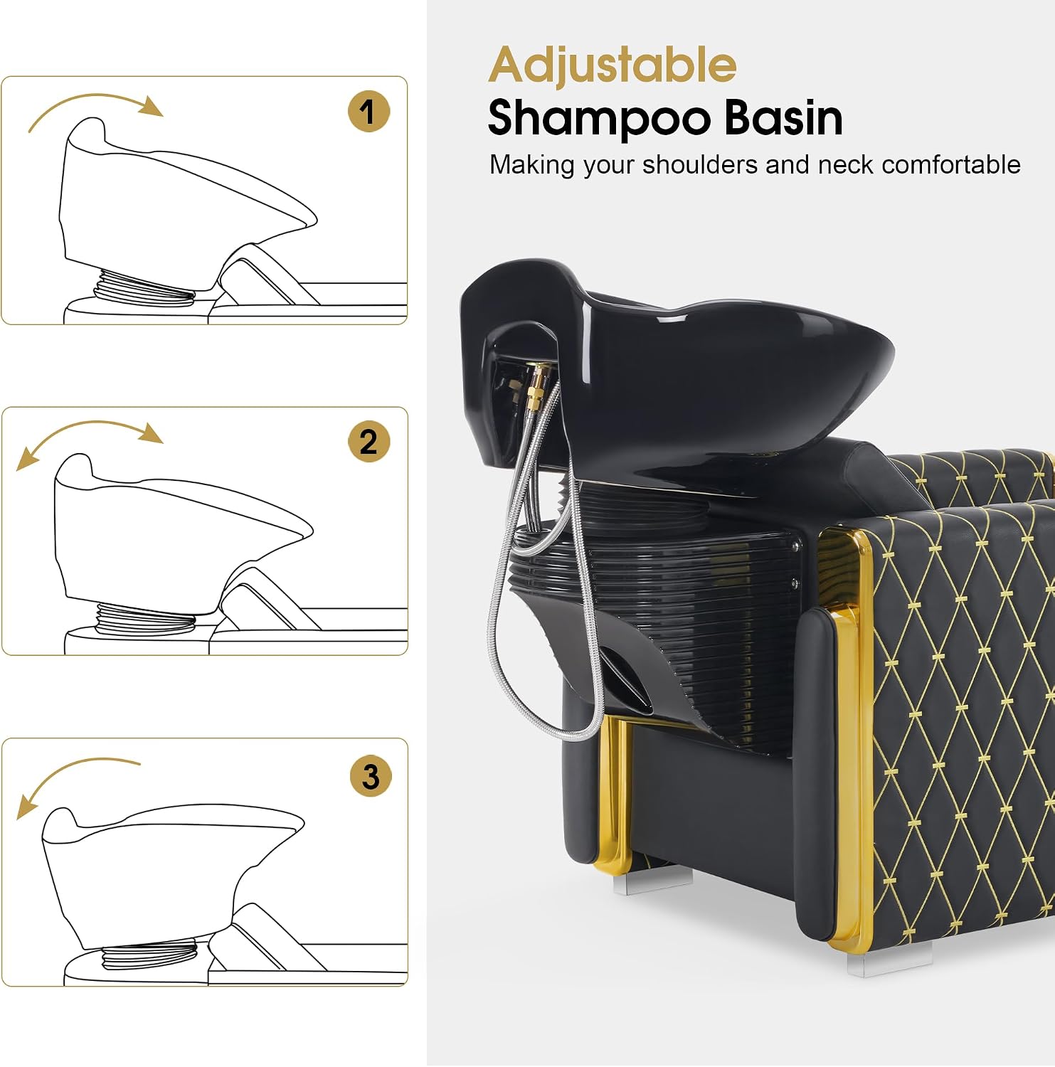 BarberPub Backwash Shampoo Station Chair, Porcelain Ceramic Bowl Sink Unit for Hair Stylist, Gold&Black Shampoo Chair with Vacuum Breaker for Beauty Spa Salon 8690