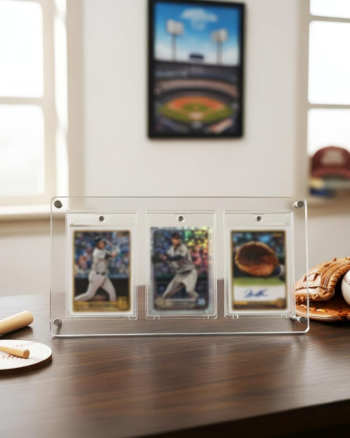 Acrylic 3 Card Display Frame - Trading Card Display Frame with 3 Magnetic UV Protection Card Cases, Wall Mounted & Desktop Card Stand for Sports Baseball Pokemon Cards
