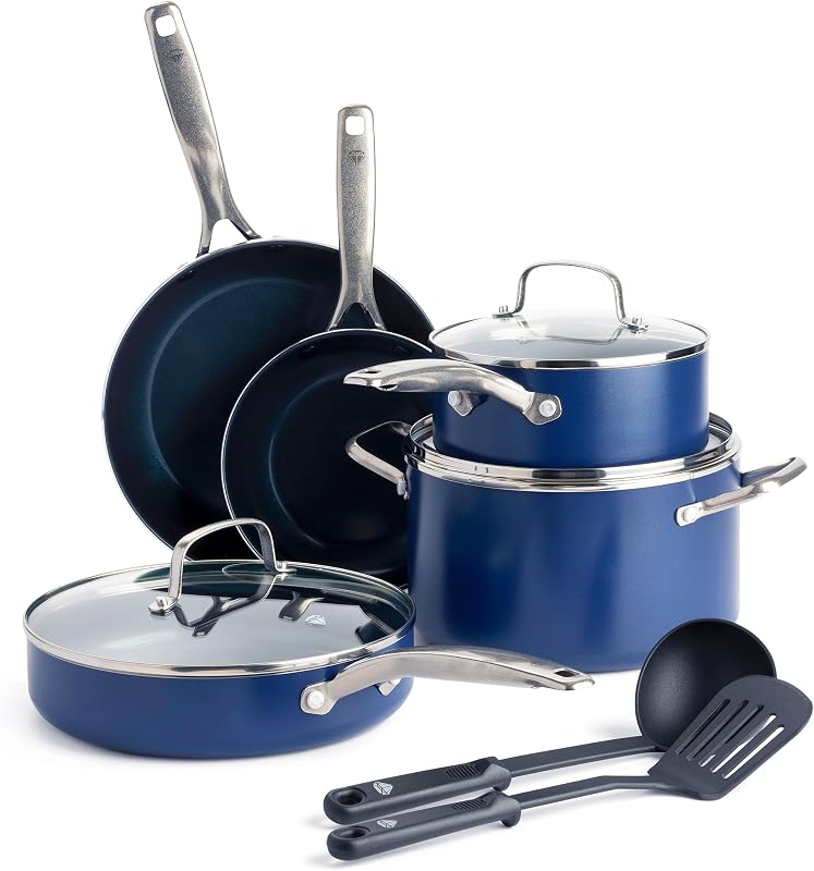 Blue Diamond Juego de ollas y sartenes antiadherentes de cerámica de 10 piezas, azul | Antiadherente de cerámica con infusión de diamante sin PFAS, apto para utensilios de metal, apto para lavavajillas y horno hasta 600 F, sartenes, salsa y olla