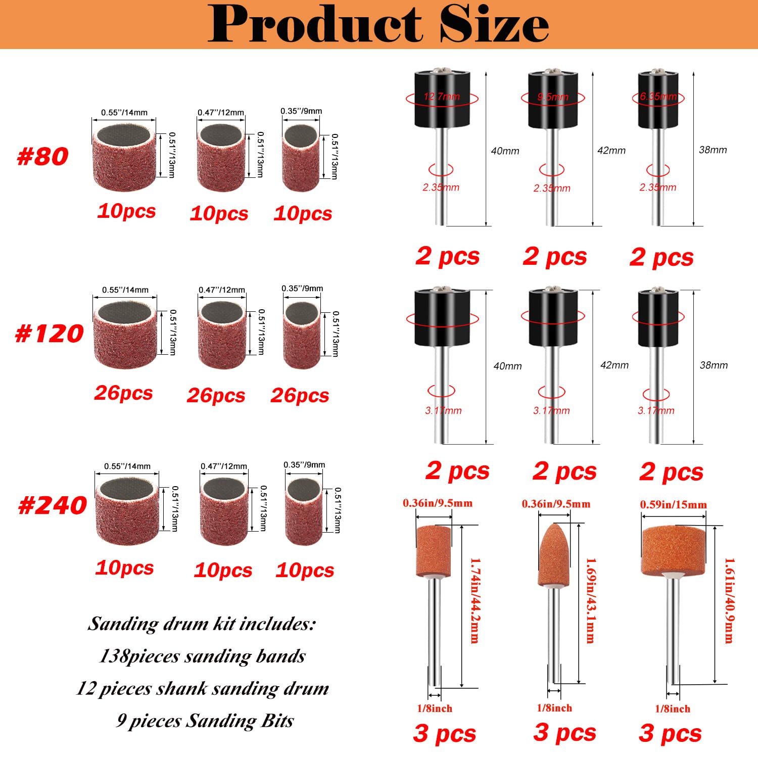 Sanding Drum Set for Rotary Tools - 138 Bands & Mandrels -2
