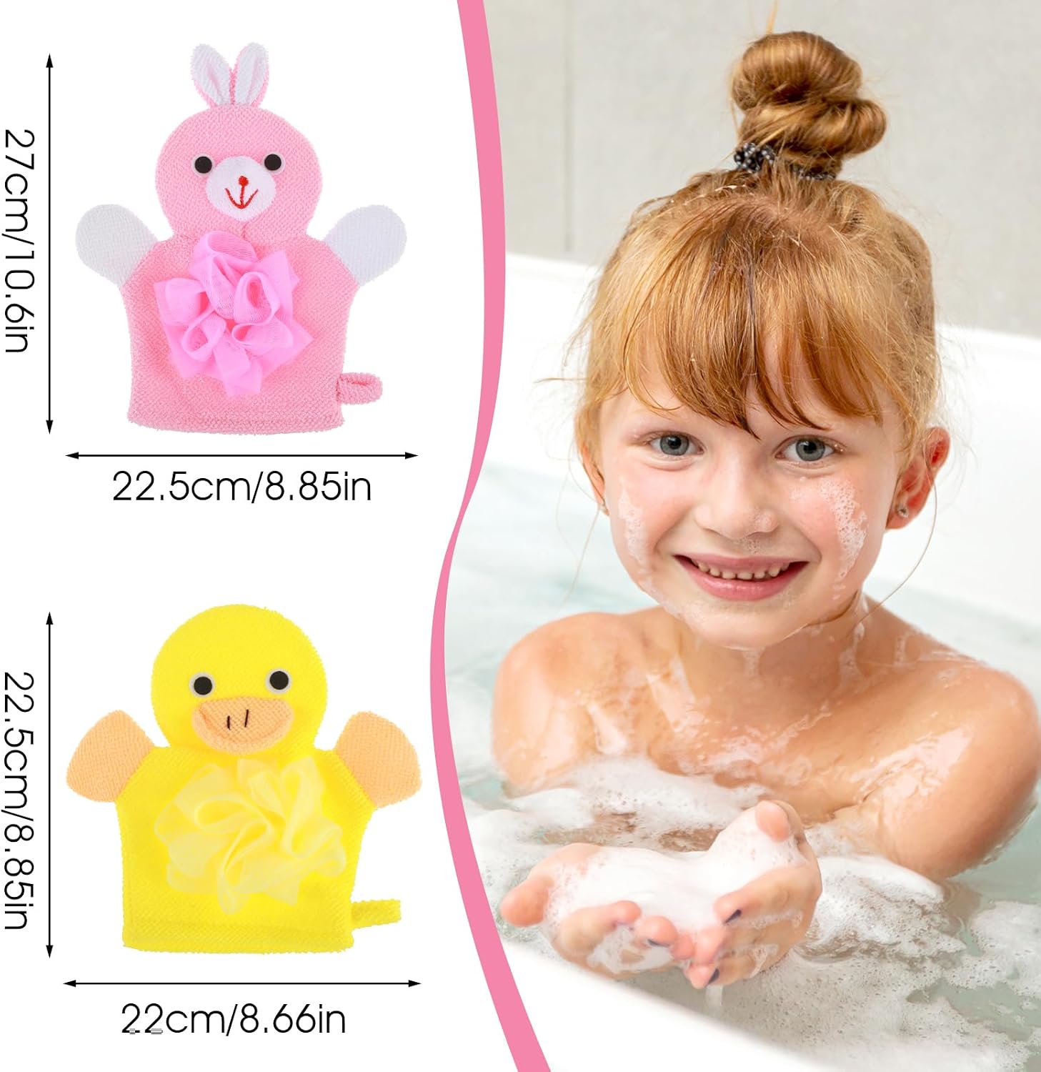 Bath Gloves Loofah for Kids, 2 Pcs Toddler Shower Sponges Body Scrubber, Cartoon Exfoliating Gloves, Cute Animal Washcloths Gloves for Body and Face Easy Lather (Yellow Duck and Pink Rabbit)