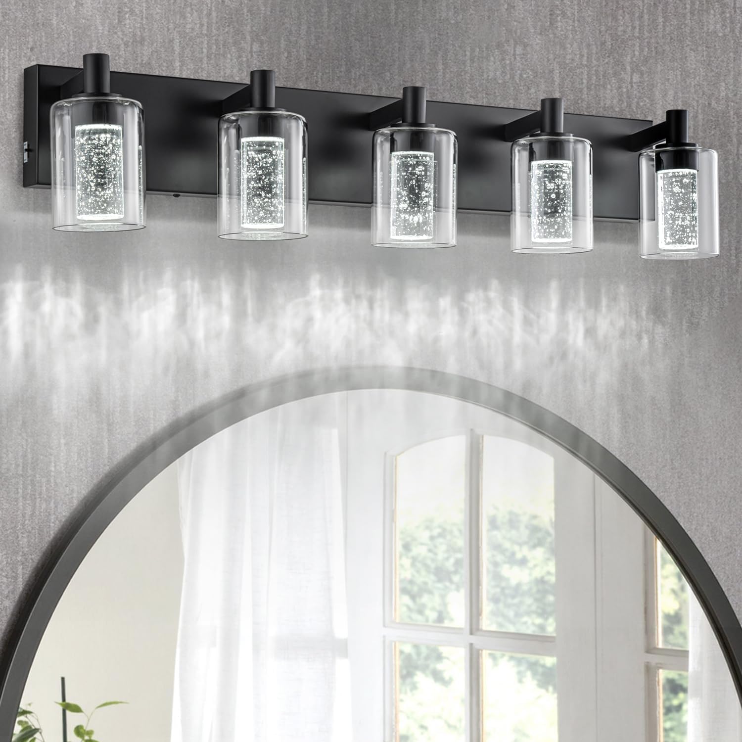 SineRise Vanity Light with 3 Color Modes (3000K/4000K/6000K), Eye Protection LED Bathroom Light Fixture, Dimmable Modern Wall Light Over Mirror with Clear Glass Shade (Black, 5-Light) 5-light Black