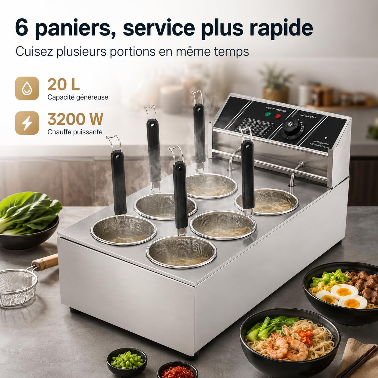 20L Commercial Cuiseur Pâtes Électrique 3200W Avec 6 Paniers,Température Réglable 140℉-392℉ Pour Cuire Nouilles,Saucisses, Boulettes Poisson, Radis, Tofu,Légumes, etc.