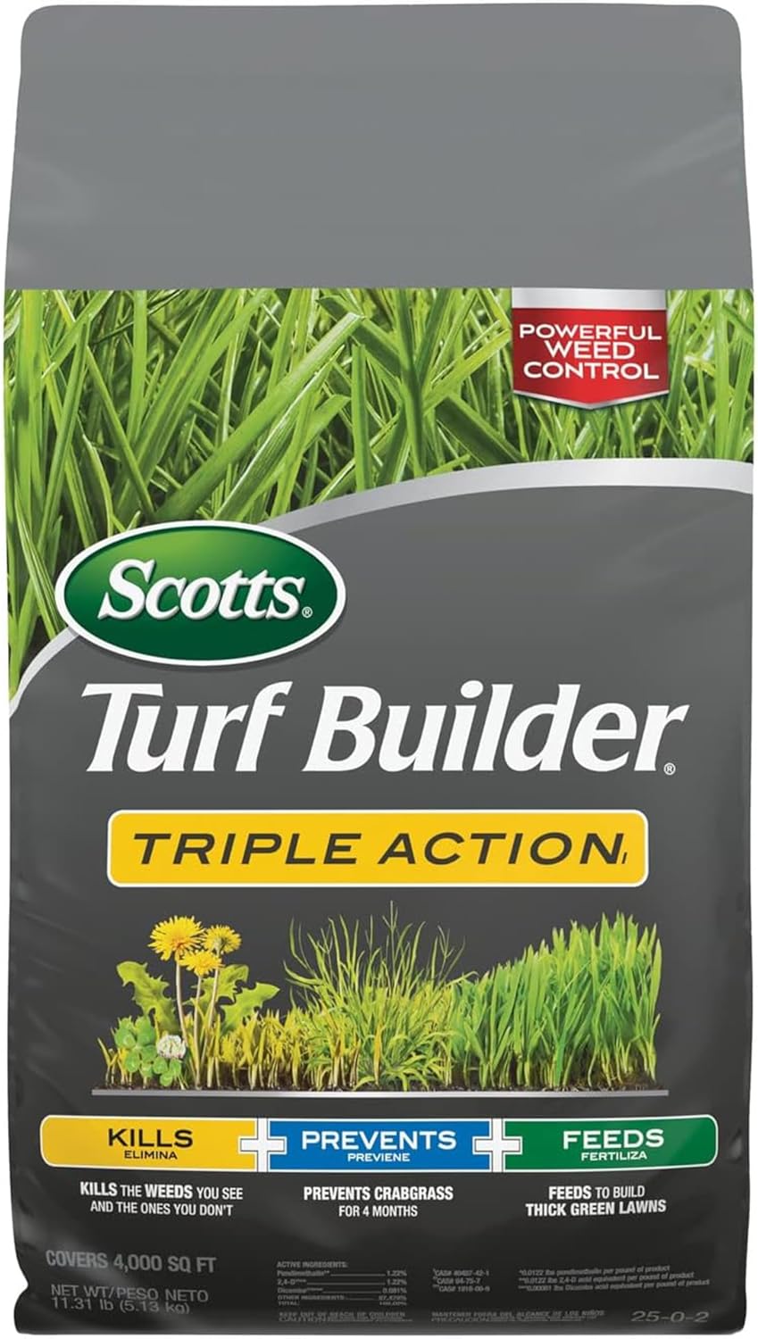 Scotts Turf Builder Triple Action1 - Weed Control, Lawn Weed Killer, Crabgrass Preventer, and Grass Fertilizer for Lawns, Covers 4,000 sq. ft., 11.31 lb.