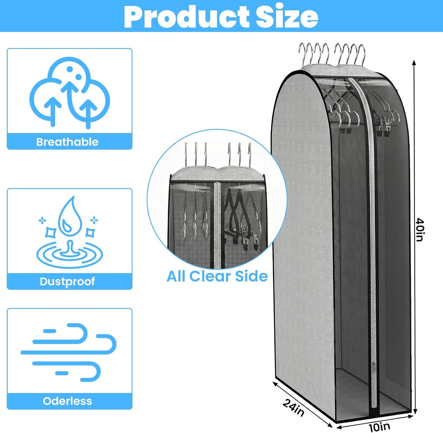 4 Pack Gusseted Clear Garment Bags for Hanging Clothes Suit Bags, 40 Inch Dust-Proof Breathable Clothing Covers with Full Zipper for Open Closet Storage, Jacket, Dress, Coat Protector
