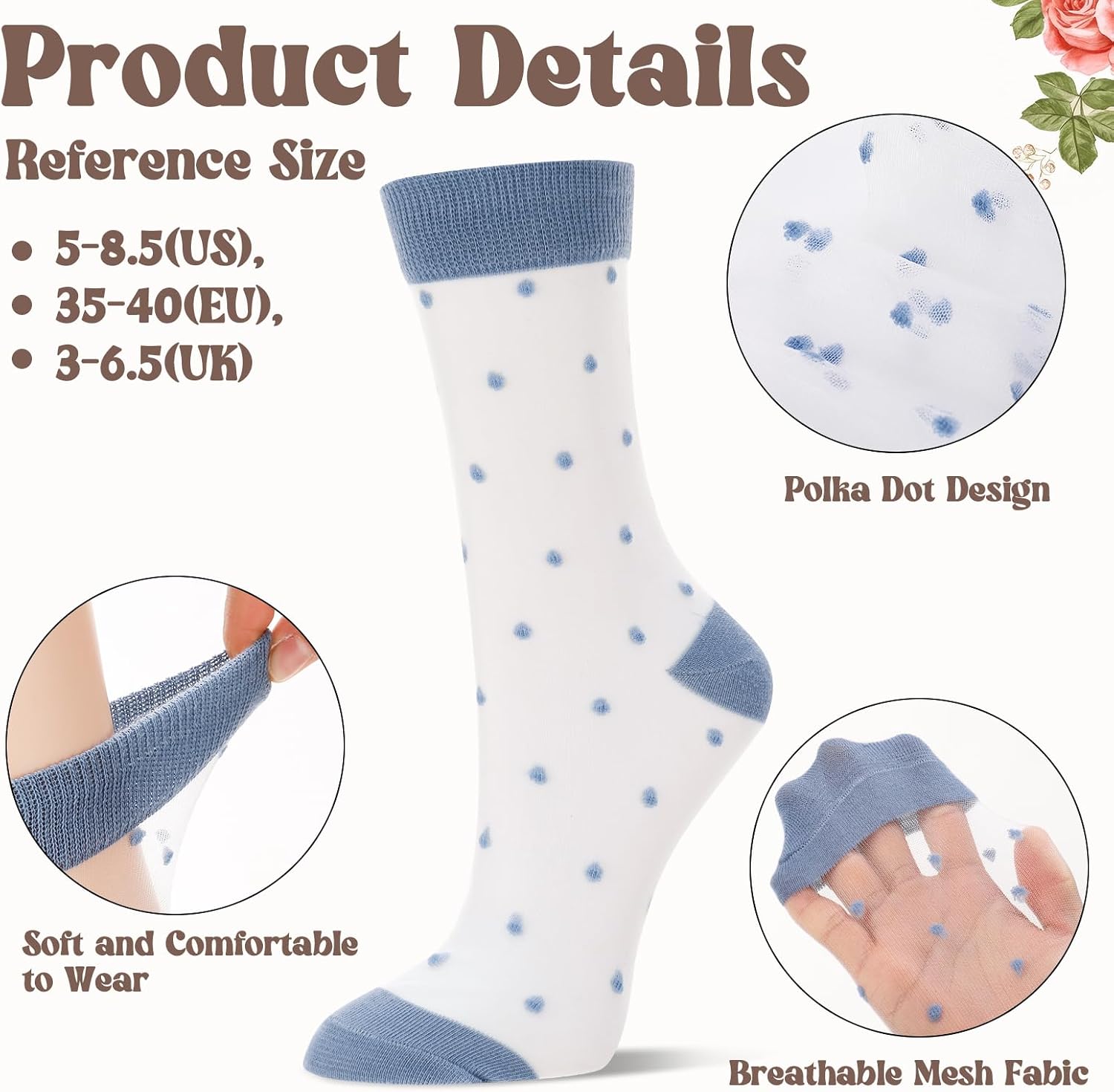 12 Pairs Women's Sheer Socks, Black White See Through Socks Striped Thin Mesh Lace Transparent Crew Sock for Girls