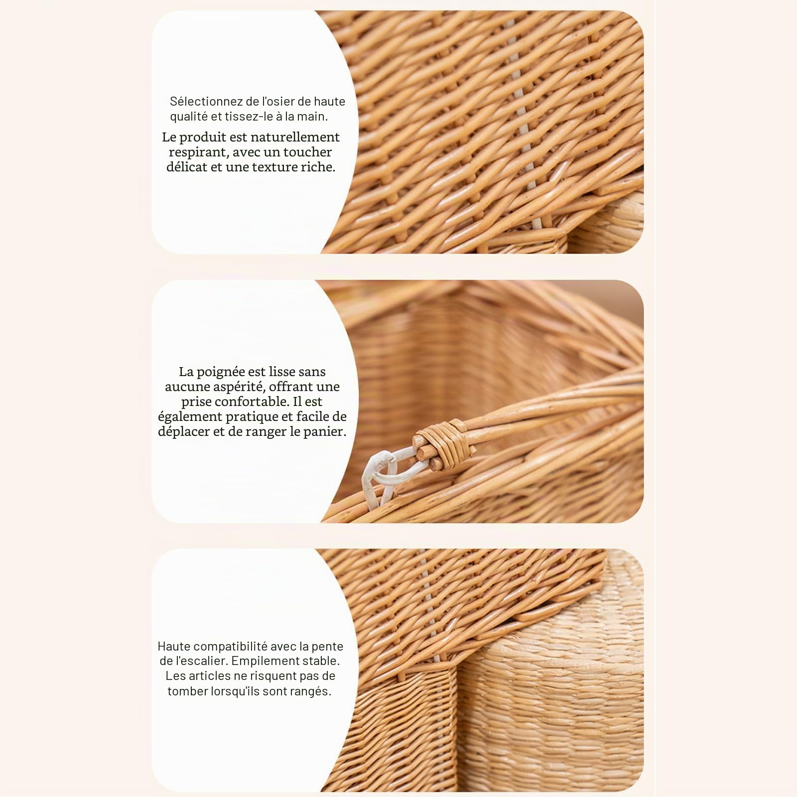 Panier d'escalier en osier tissé à la main pour le rangement à domicile, design respirant, idéal pour les climats humides, panier de rangement tissé portable