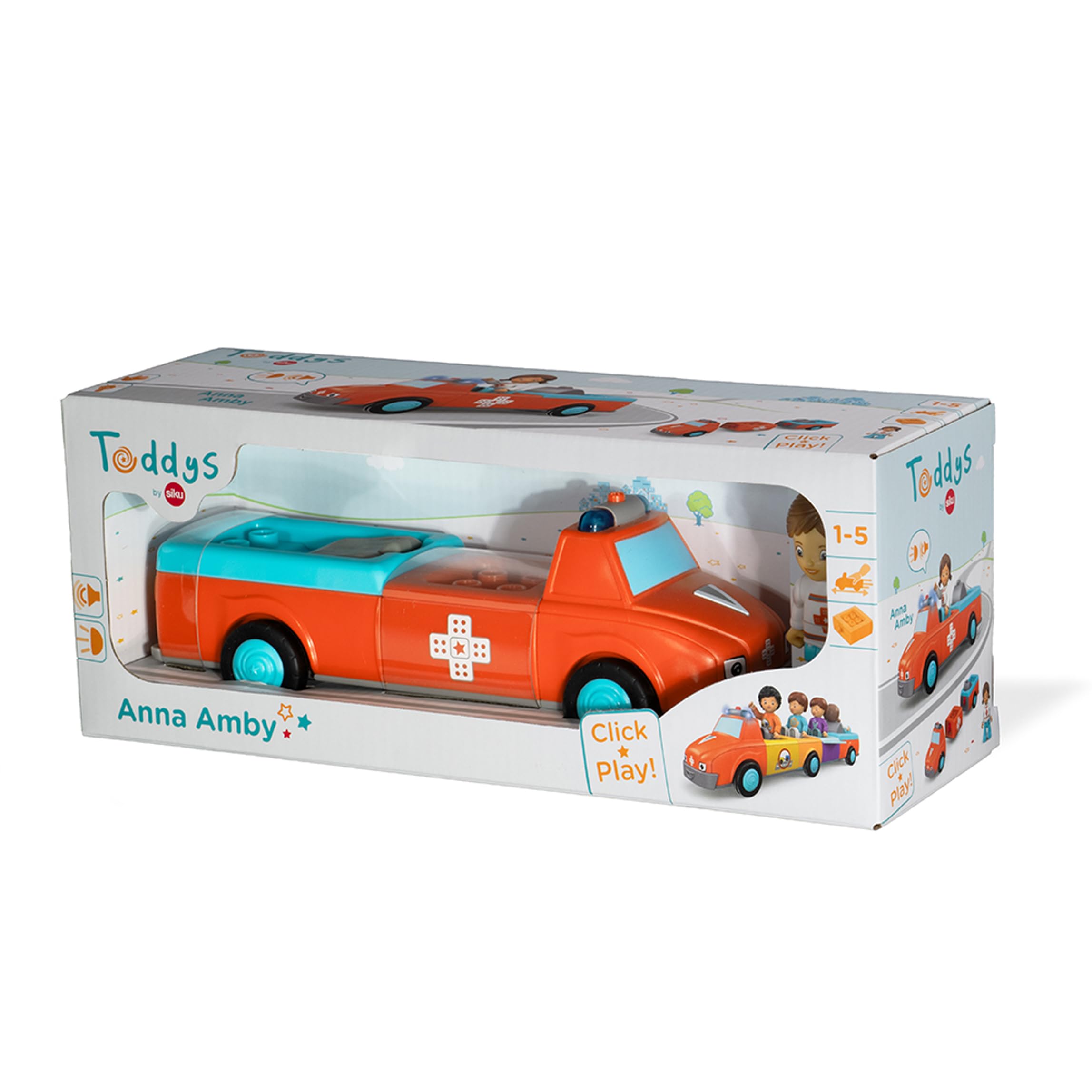 0145, Anna Amby, Ambulance composée de 3 pièces avec Son et Lumière, Peut être assemblée, Comprend une figurine mobile, Moteur à volant de haute qualité, Orange/bleu cile, dès 12 mois