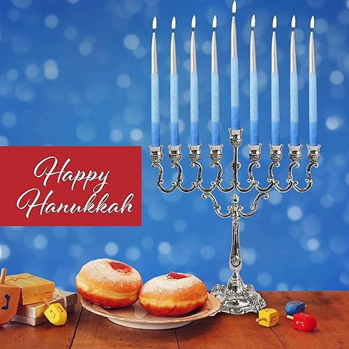 Miniatura 5 de Ner Mitzvah Velas de Hanukkah, vela de Janucá sin goteo azul degradado y plateado, cera de calidad premium, 45 velas para las 8 noches