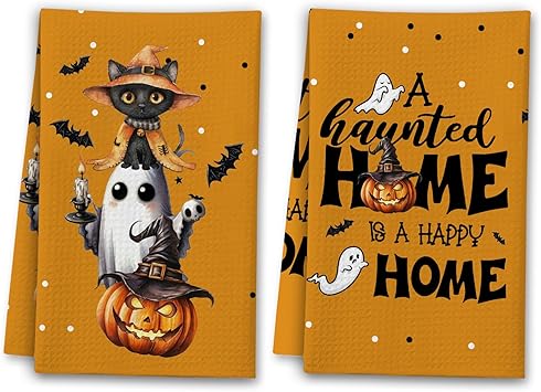 Halloween Kitchen Towels, Ghost Black Cat Pumpkin Halloween Hand Towels, Spooky Dish Towel Set 2 Pcs, Boo Pumpkin Gifts for Home Kitchen Bathroom Decor - C02