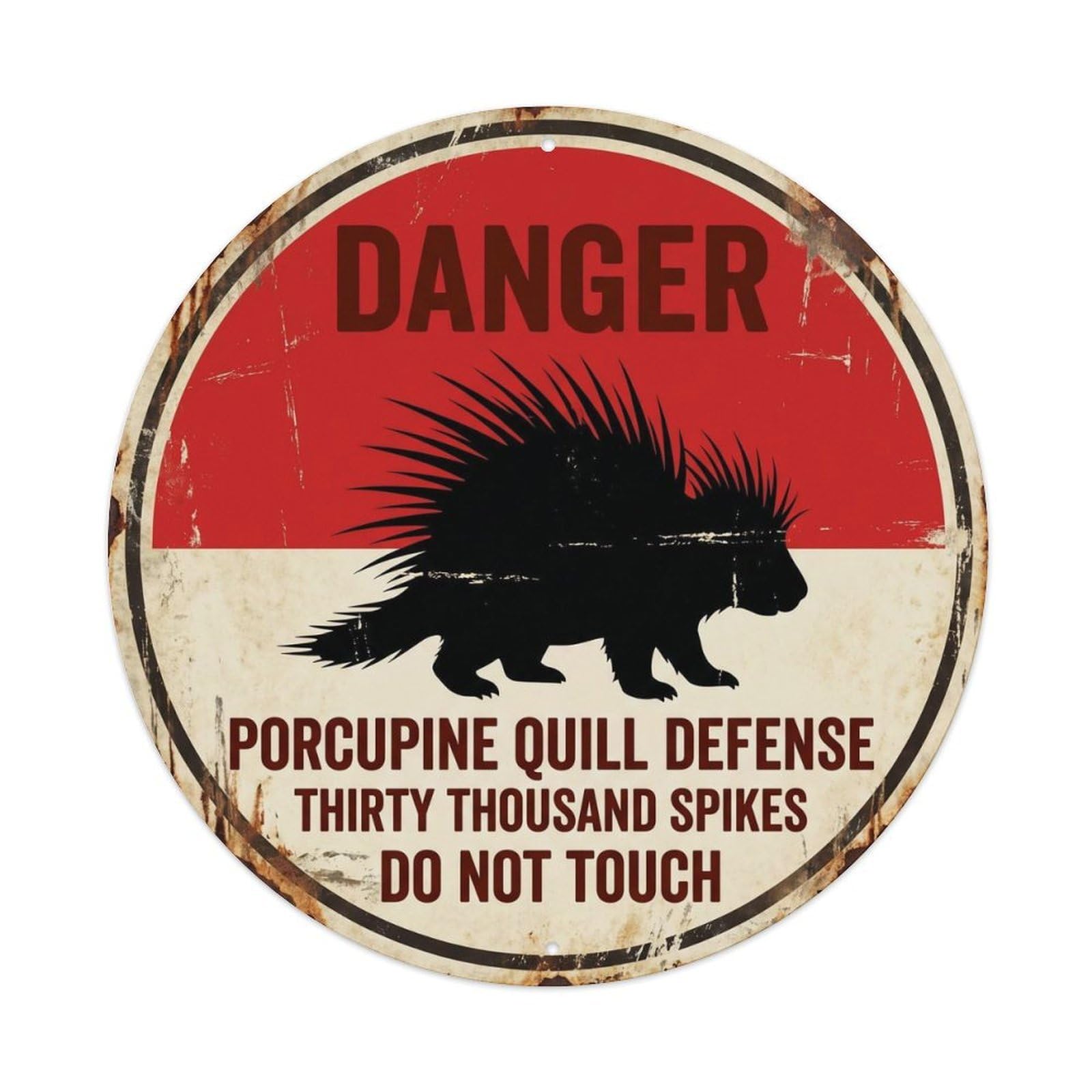 Porcupine Quill Defense Novelty Alert Label Wildlife Safety Metal Tin Sign Plaque Wall Decor for Cafe, Man Cave, Club Bar, Office, Home Garden Round Metal Poster 8x8Inch