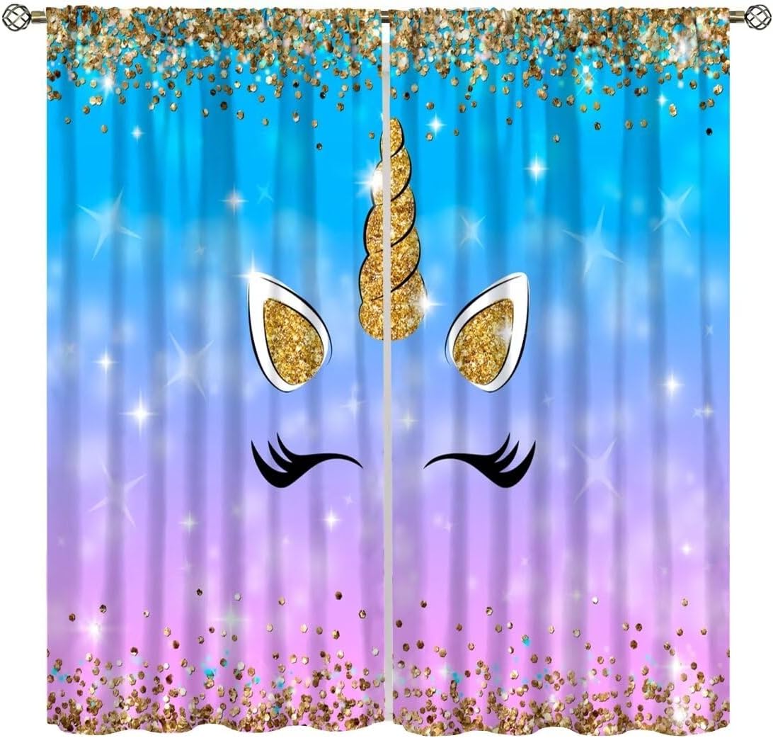 Kids Rainbow Unicorn Curtains Cute Cartoon Starts (No Glitter No Sequin) Polyester Fabric Curtains for Girls Bedroom Living Room Child Rod Pocket Window Drapes 2 Panel Set,Total Size 55" x 63"