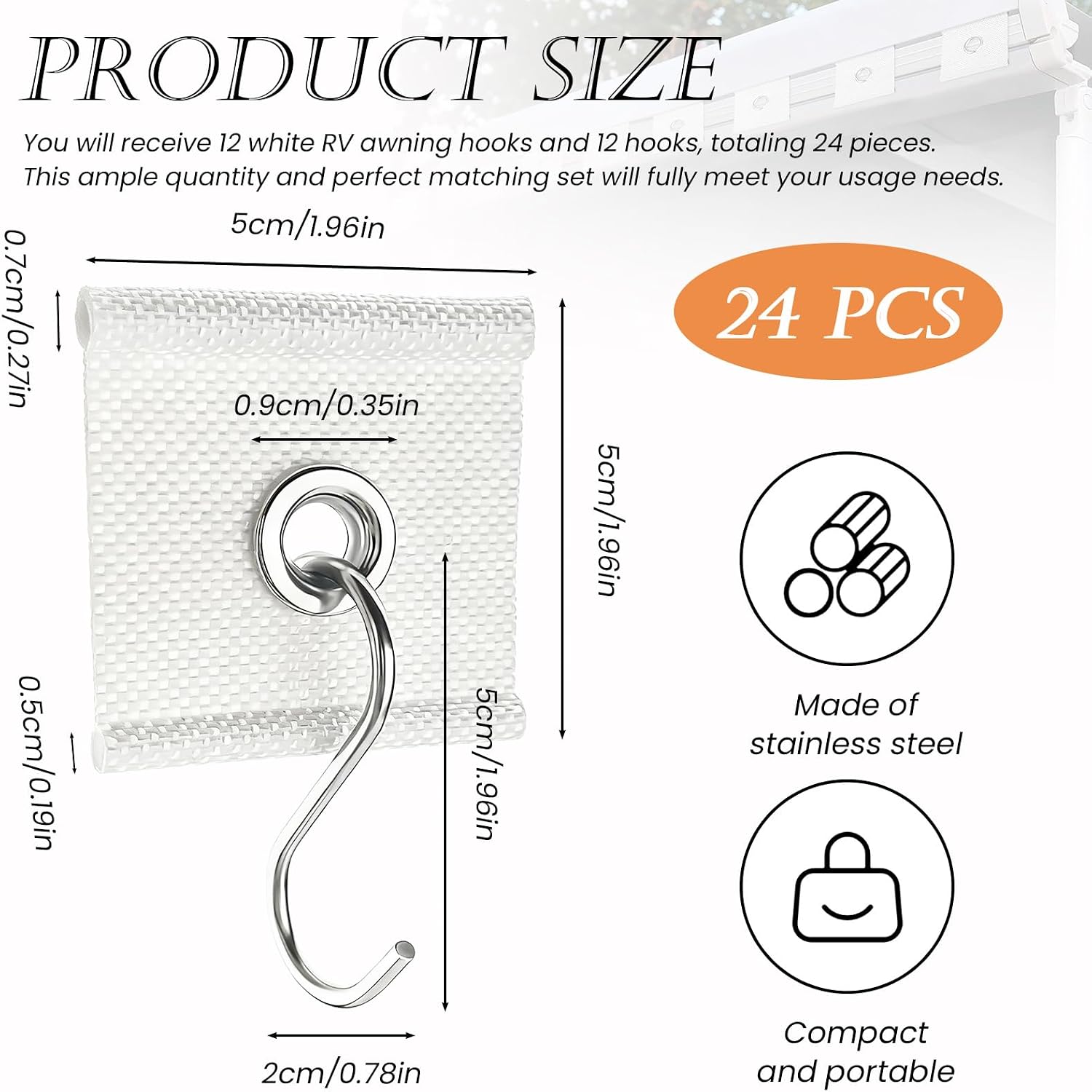 12 Packs 1.96''/5 CM RV Awning Hooks Hangers, S-Shaped RV Awning Light Clips for 5/6 MM-7/8 MM Piping Rail String Hanging Camper Camping Screen Canopy Tent Holder Accessories White image 2